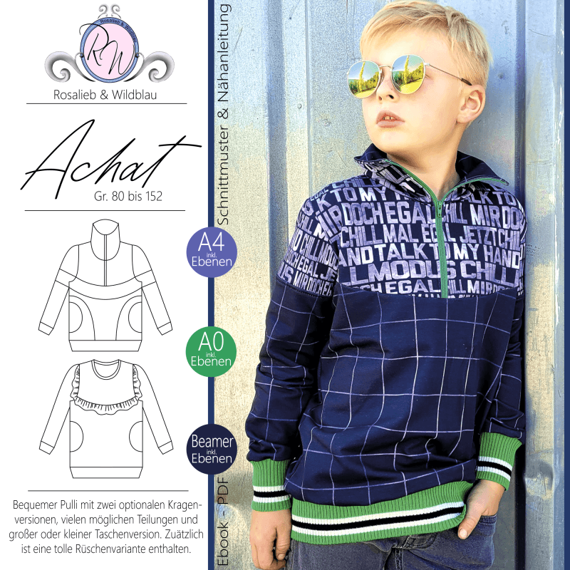Schnittmuster Pullover, Troyer Achat Gr. 80 bis 152 - Sewando
