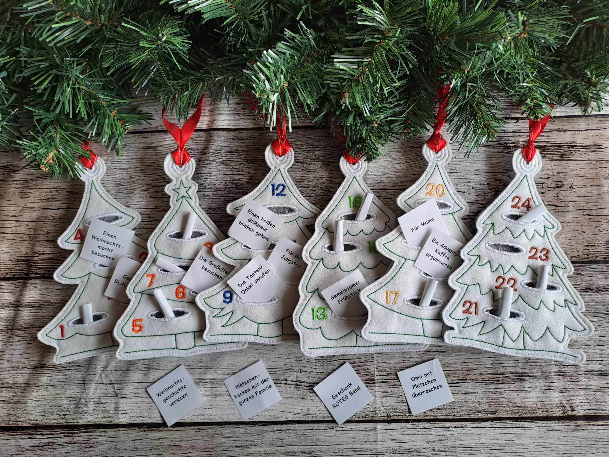 Stickdatei Set Adventskalender Tannen ITH als Anhänger oder Stabdeko - Sewando