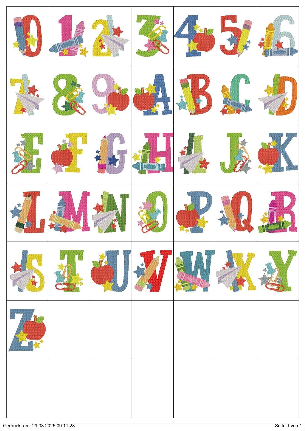 Stickdatei Einschulung, Buchstaben Schrift Alphabet 99mm Set 932 - Sewando