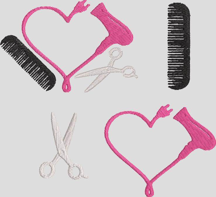 Stickdatei Friseur Hairdresser Kamm Schere Herz Fön Set 601 Frisör - Sewando