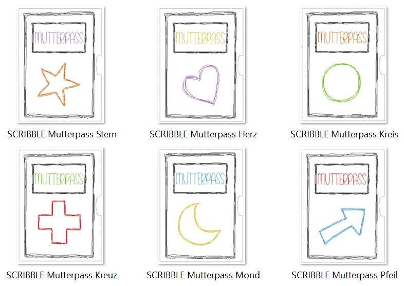Stickdatei-Set SCRIBBLE Mutterpass-Hüllen (6 Motive) - Sewando