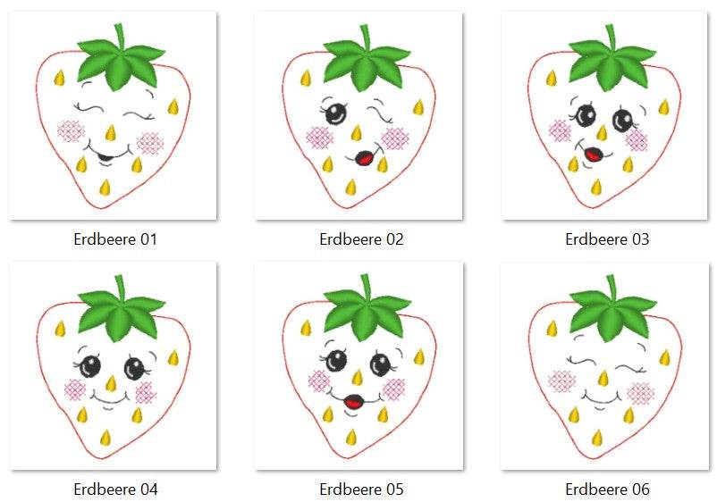 Stickdatei - 6 Erdbeeren mit Gesicht (Doodle-Applikation) - Sewando