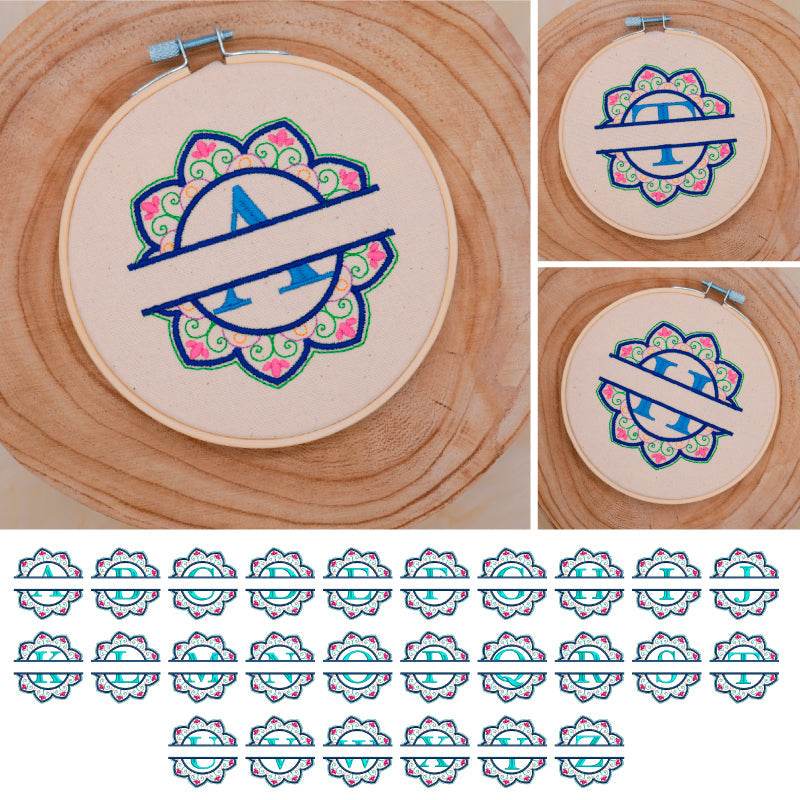Stickdatei Set Mandala Alphabet Split Monogramm Designs A-Z in 3 Größen - Sewando