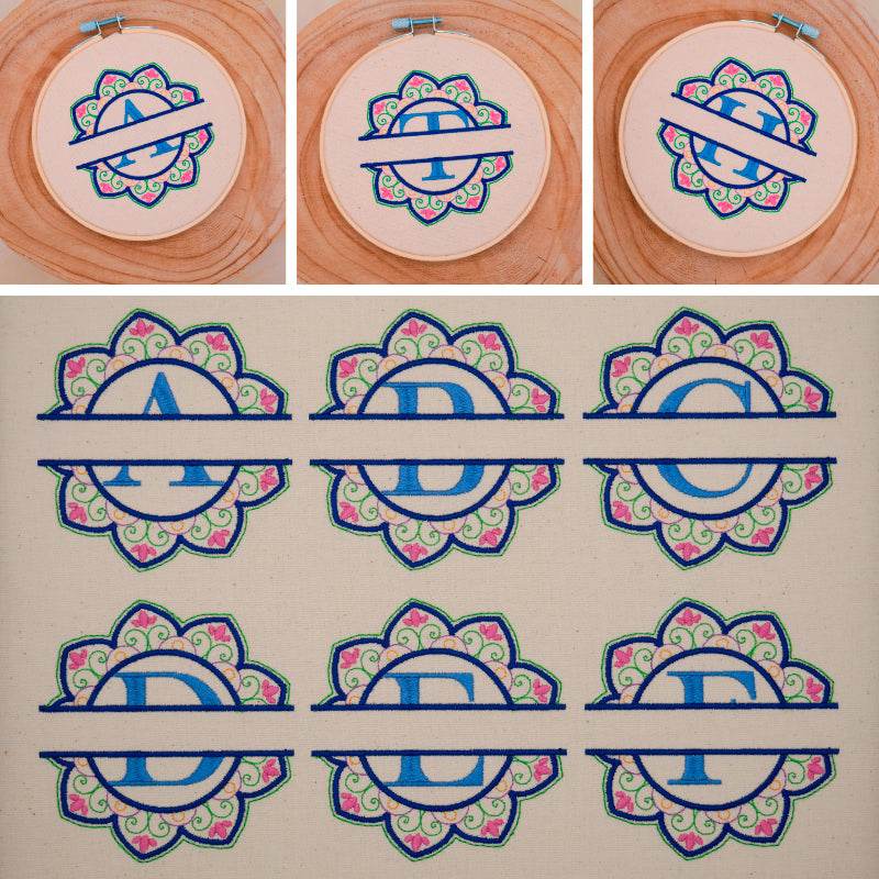 Stickdatei Set Mandala Alphabet Split Monogramm Designs A-Z in 3 Größen - Sewando