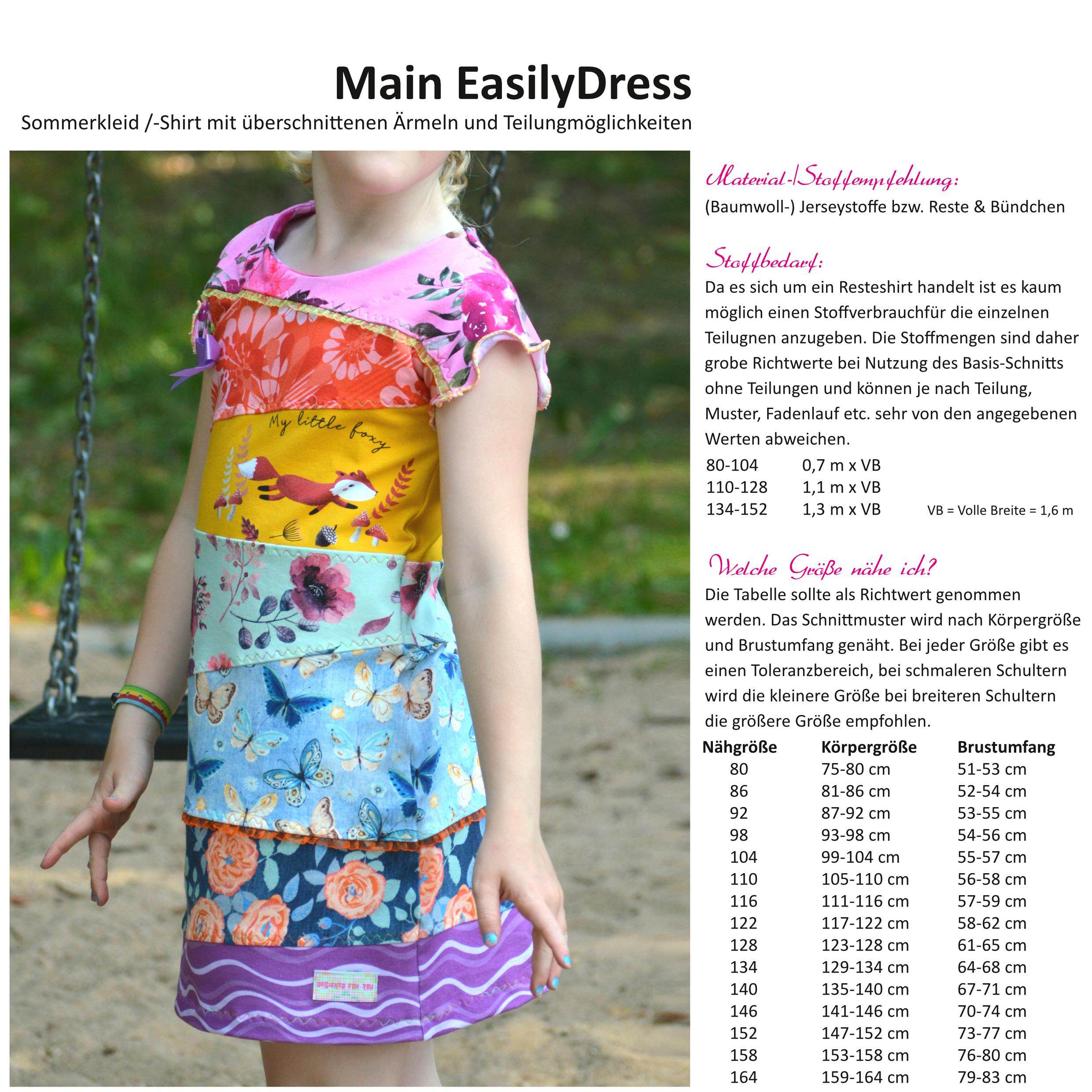 Schnittmuster Main EasilyDress - Restekleidchen, überschnittene Ärmel - Gr. 80-164 - Sewando