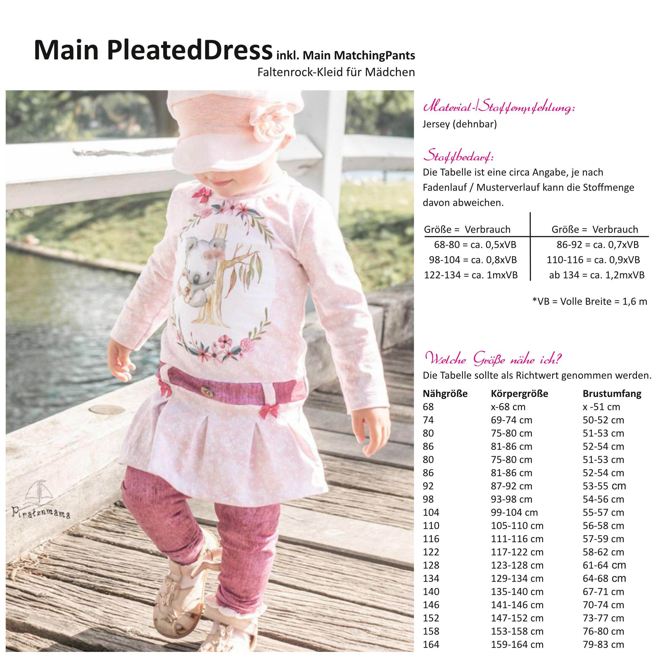 Schnittmuster Main PleatedDress - Faltenrockkleid - 68-164 + Gratis MatchingPants - Sewando