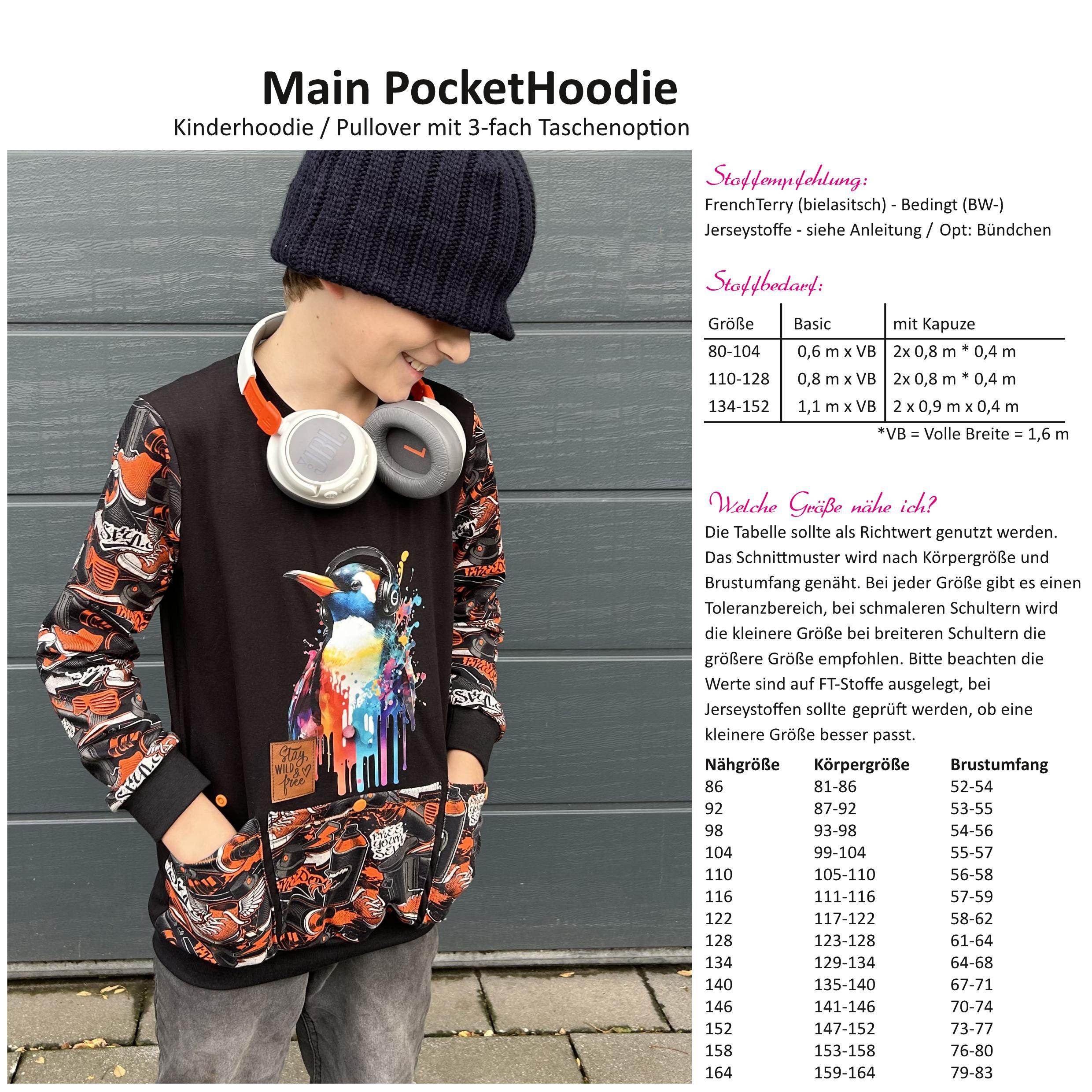 Schnittmuster Main PocketHoodie - Langarm / Kurzarm Kapuzenshirt - Gr.86-164 - Sewando