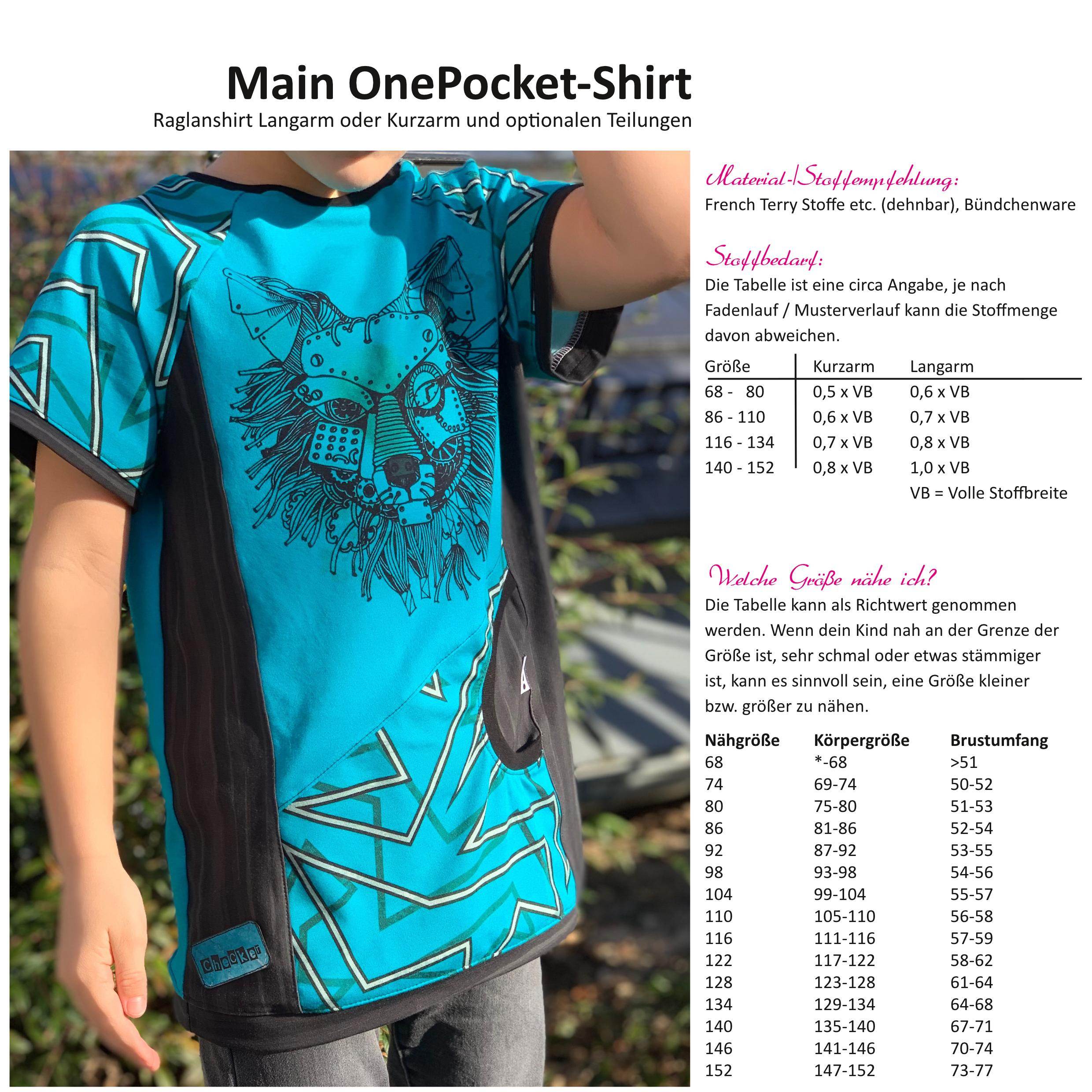 Schnittmuster Main OnePocket Raglanshirt Kurzarm / Langarm - Gr. 80-164 - Sewando