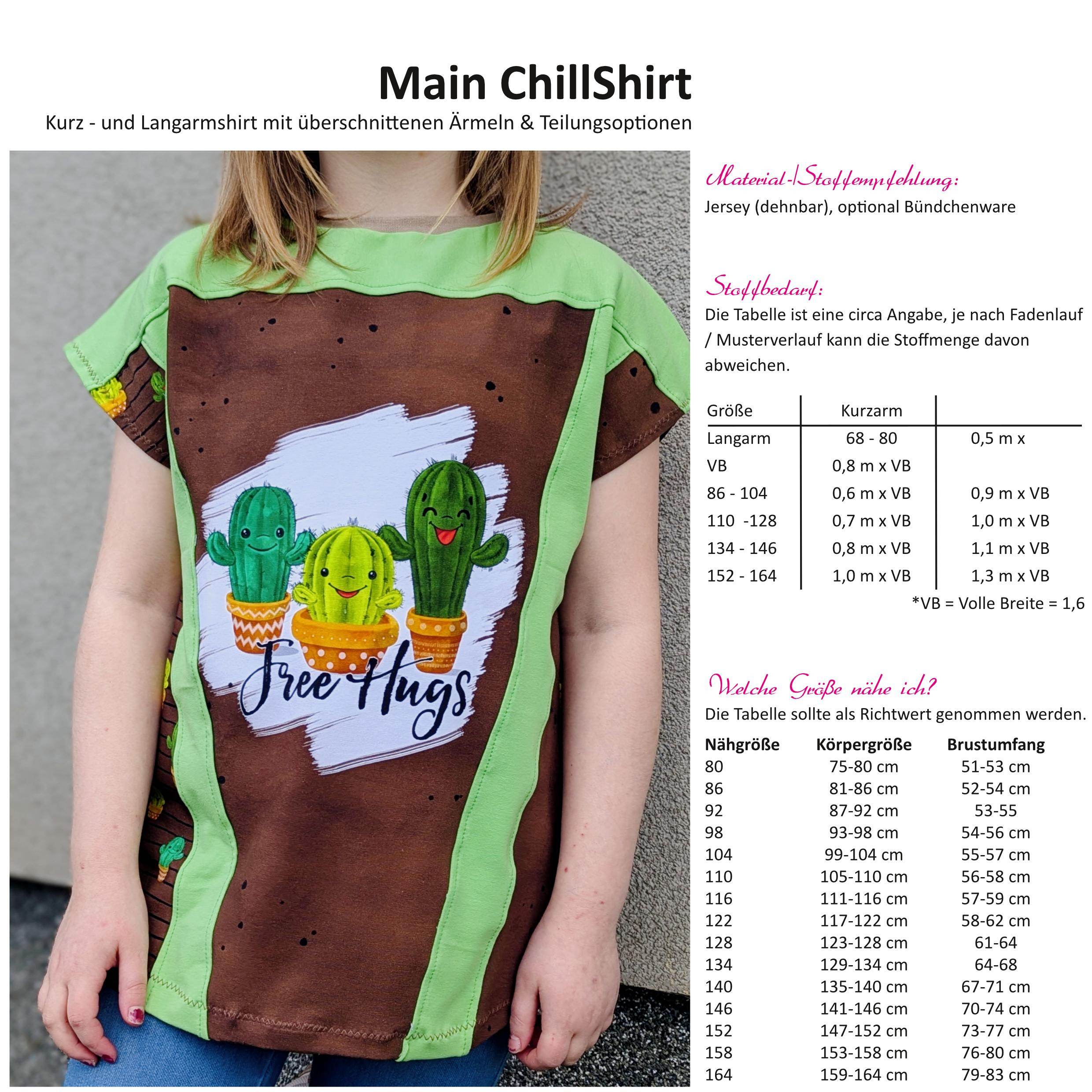Schnittmuster Main ChillShirt - Langarm/Kurzarm Shirt mit überschnittenen Ärmeln & Teilungen - 80-164 - Sewando