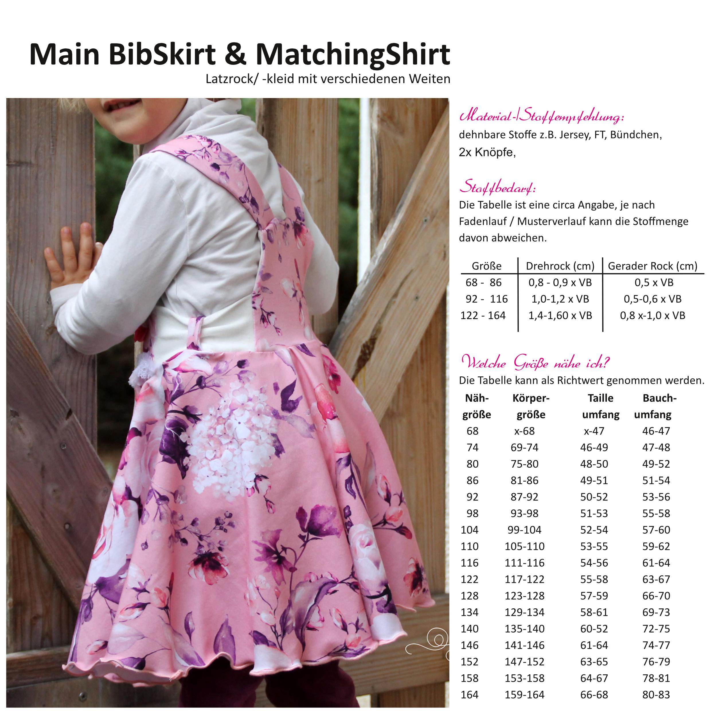 Schnittmuster Main BibSkirt - Latzkleid / Latzrock - 68-164 + Gratis MatchingShirt - Sewando