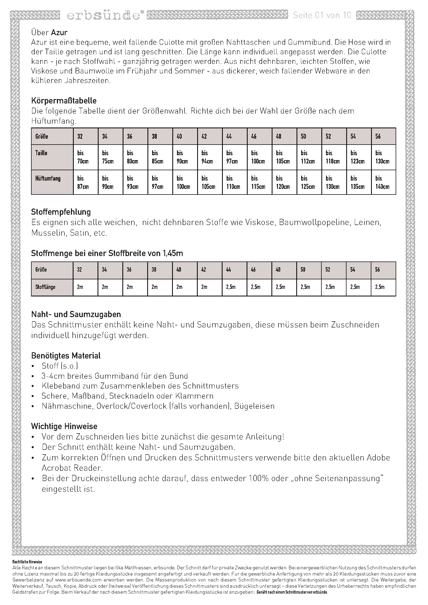 Schnittmuster Culotte Hosenrock AZUR (32-56) : - Sewando