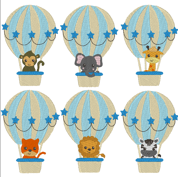 Ballon Tiere Stickdatei mit Elefant und Giraffe im Heißluftballon - Sewando