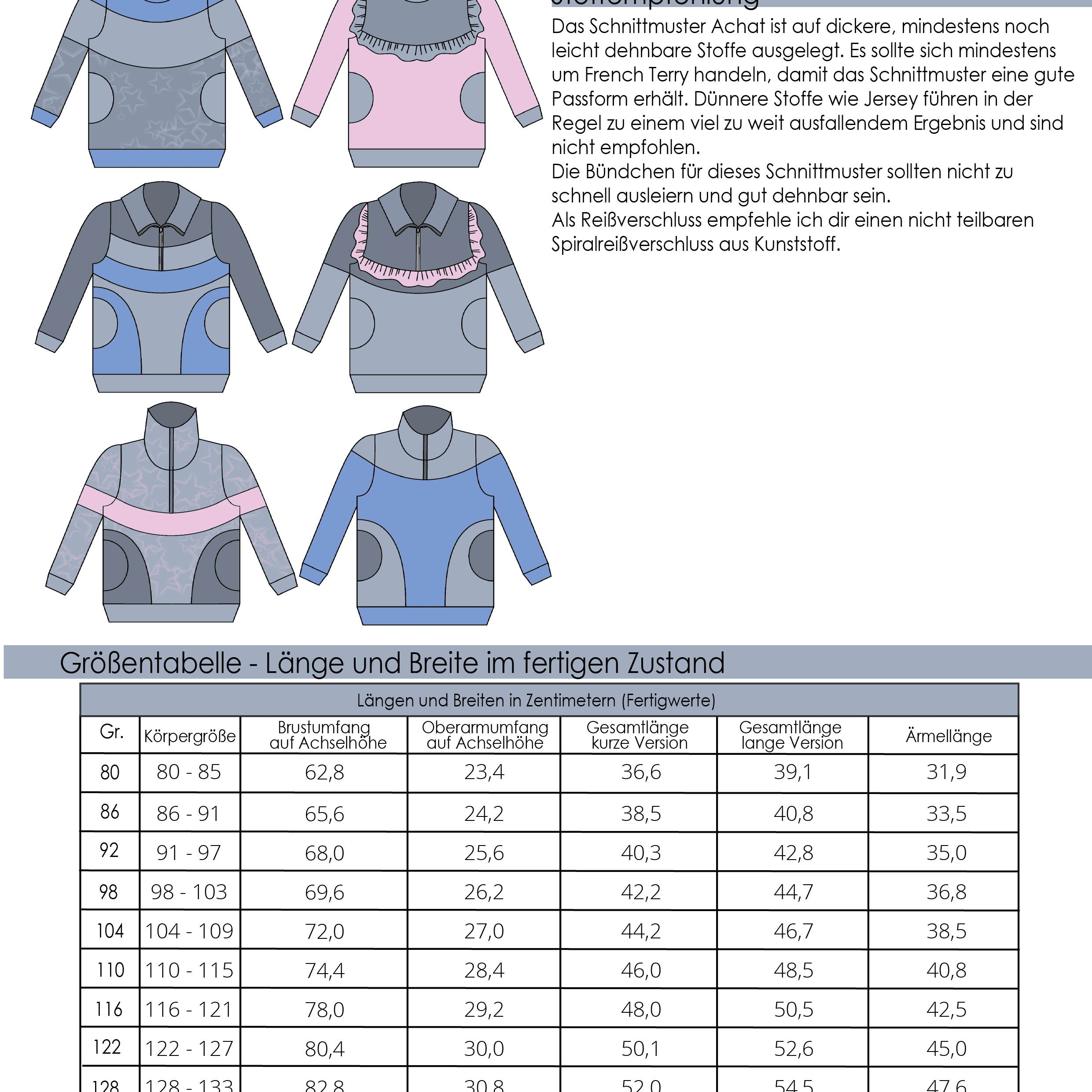 Schnittmuster Pullover, Troyer Achat Gr. 80 bis 152 - Sewando