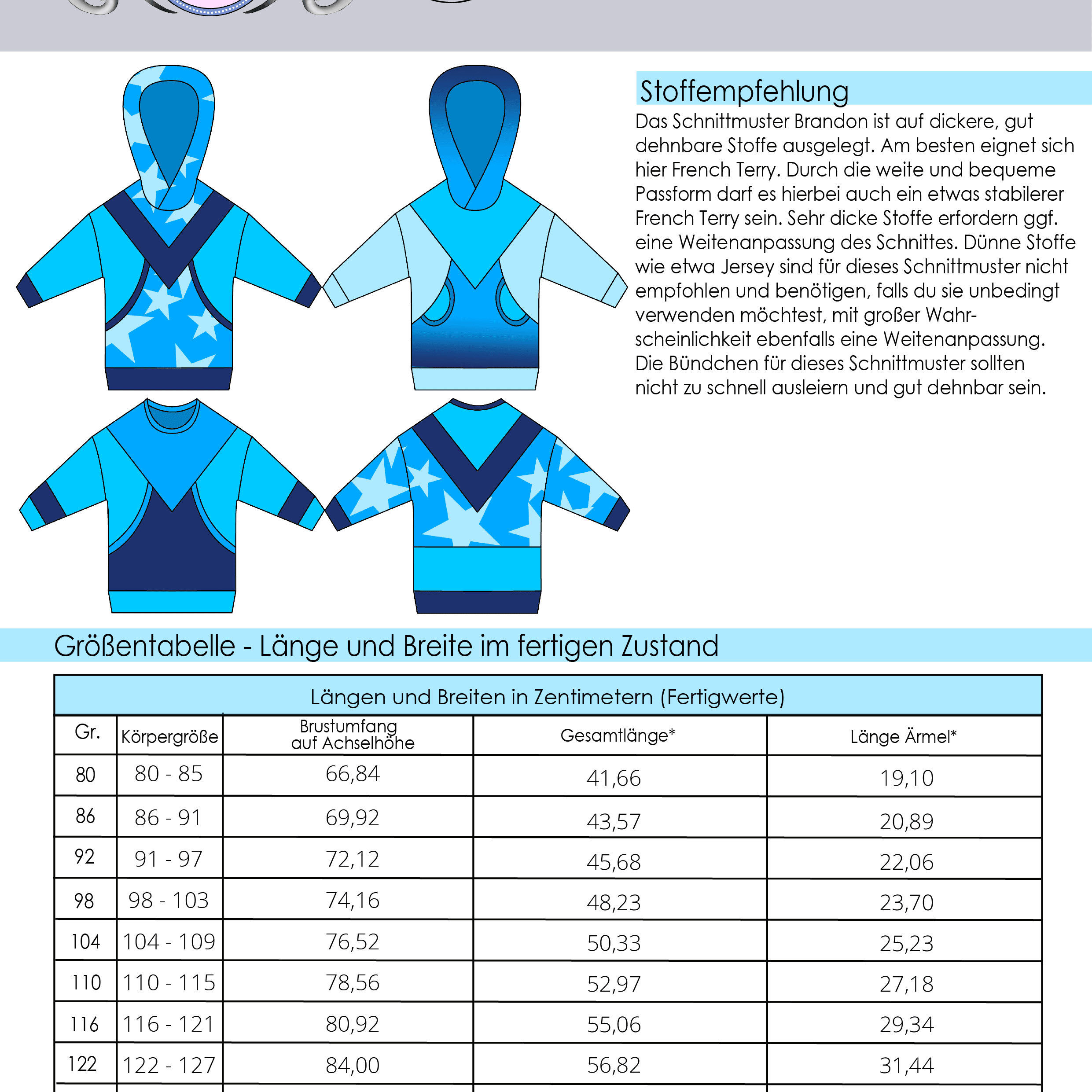 Schnittmuster Hoodie Brandon Gr. 80 bis 152 - Sewando