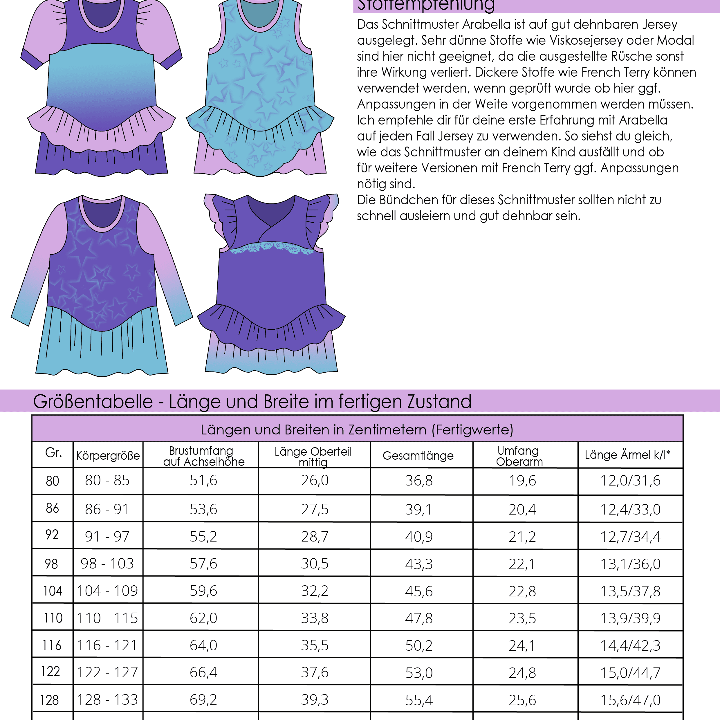 Schnittmuster Arabella Gr. 80 bis 152 - Sewando