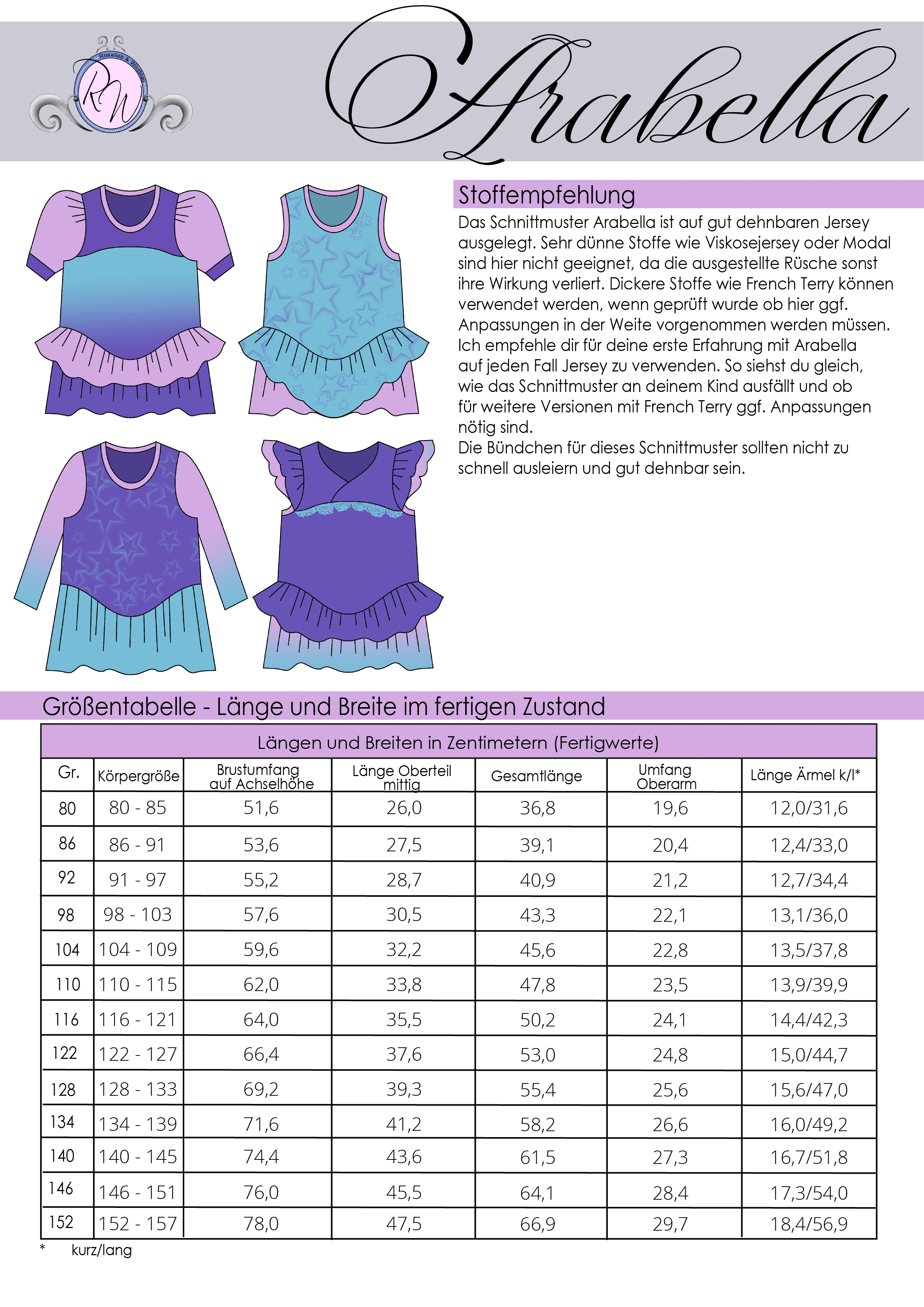 Schnittmuster Arabella Gr. 80 bis 152 - Sewando