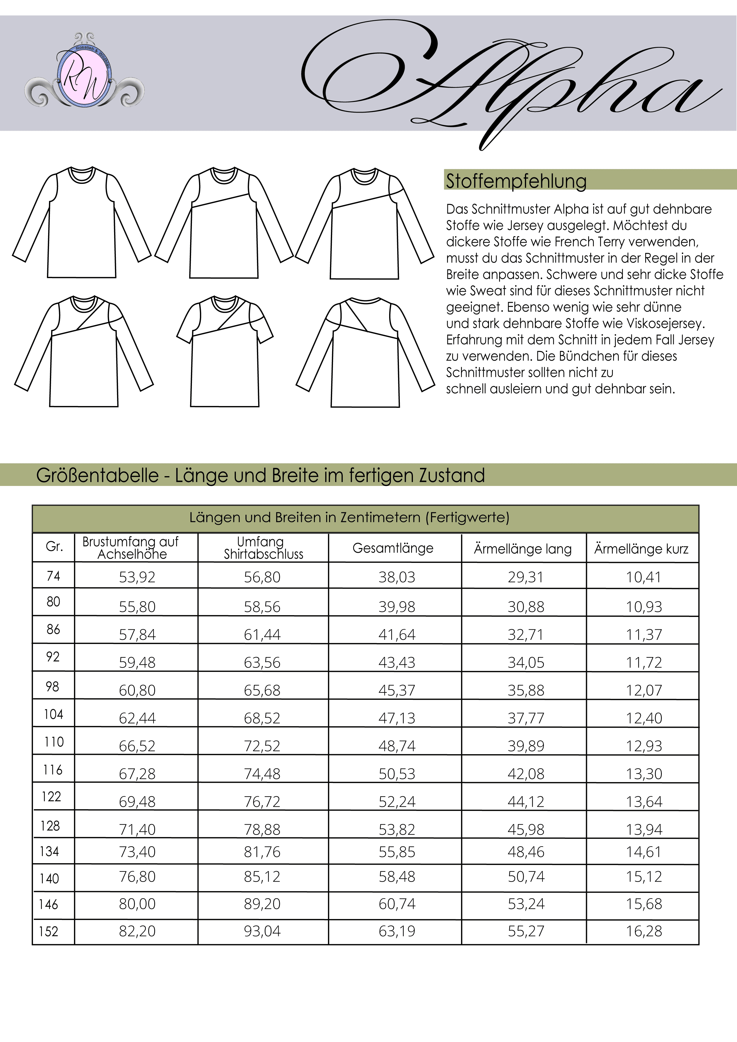 Schnittmuster Basicshirt Alpha Gr. 74 bis 152 - Sewando