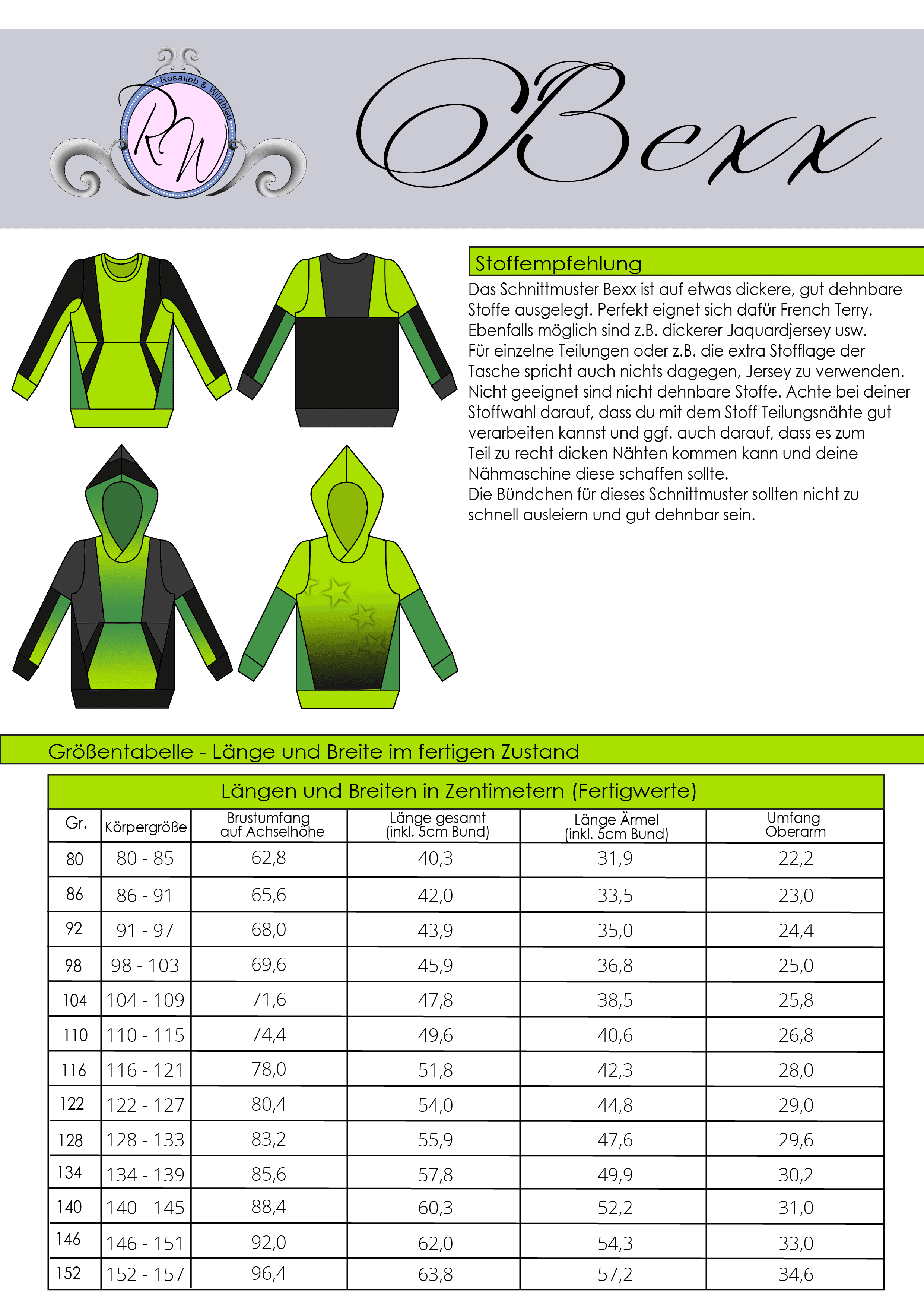 Schnittmuster Pullover Hoodie Bexx Gr. 80 bis 152 - Sewando