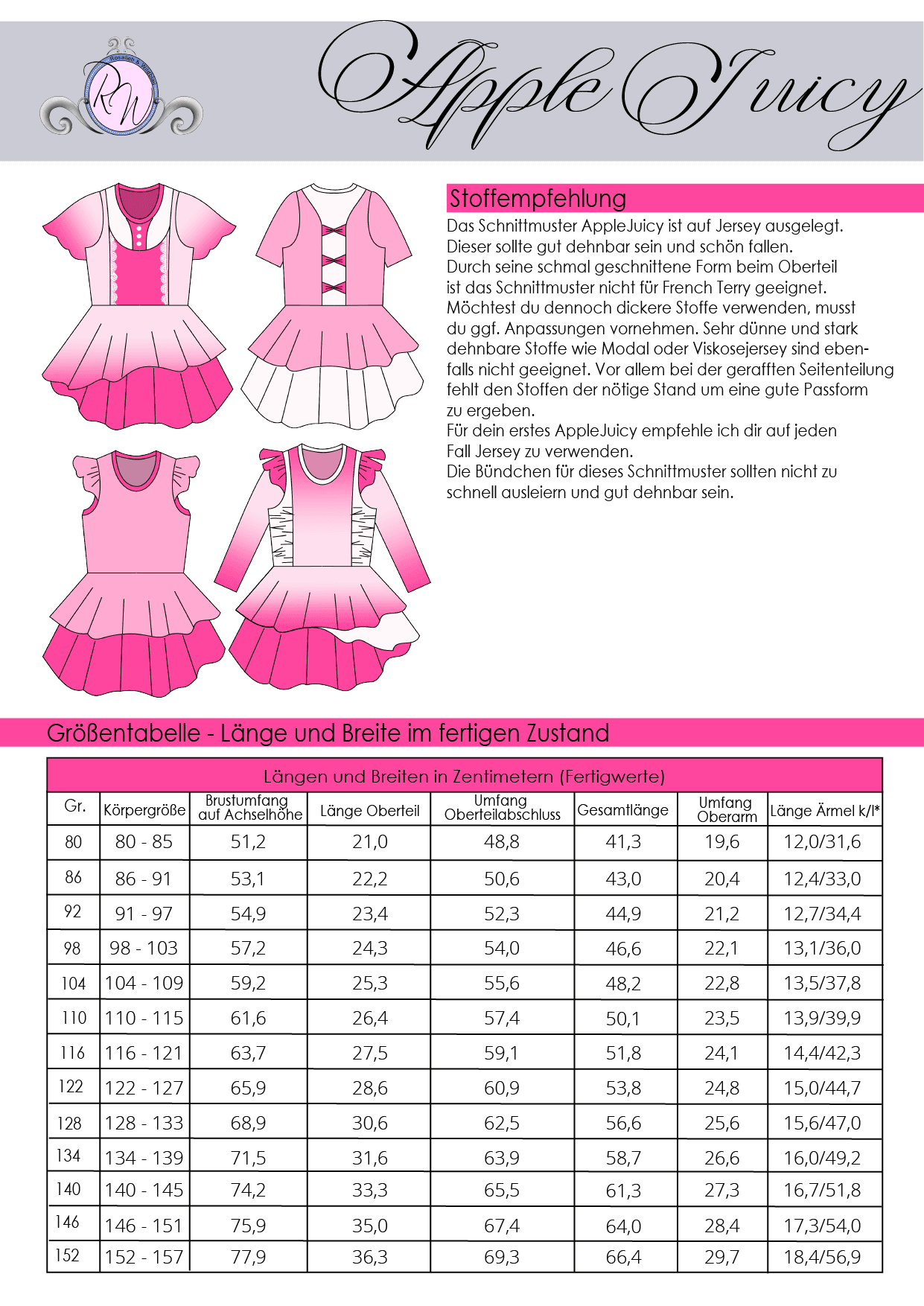 Schnittmuster Kleid AppleJuicy Gr. 80 bis 152 - Sewando