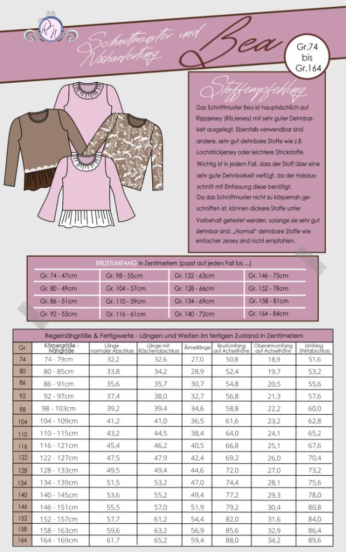 Schnittmuster Bea Rippshirt Gr. 74 bis 164 - Sewando