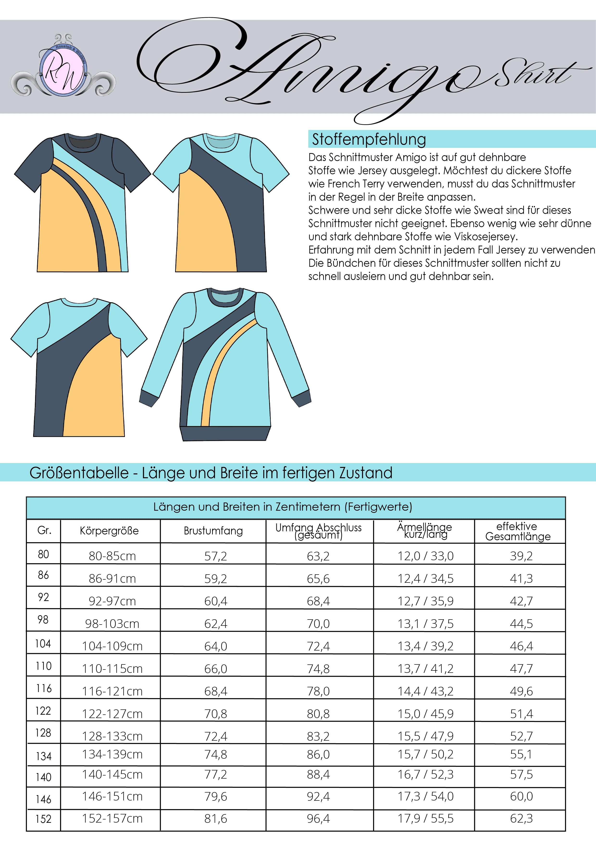 Schnittmuster Shirt Amigo Gr. 80 bis 152 - Sewando