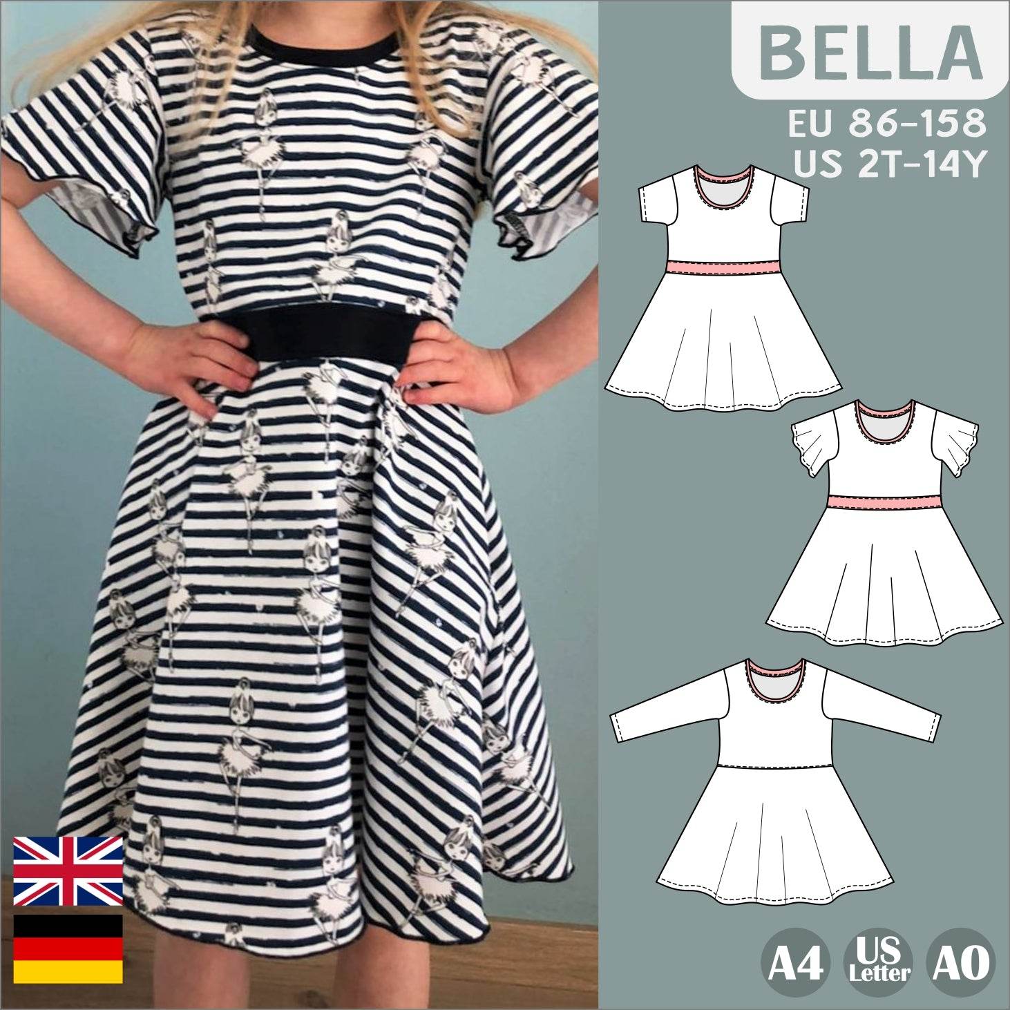 Bella – Kinderkleid mit Taillenband & Flügelärmeln Gr. 86-158 - Sewando