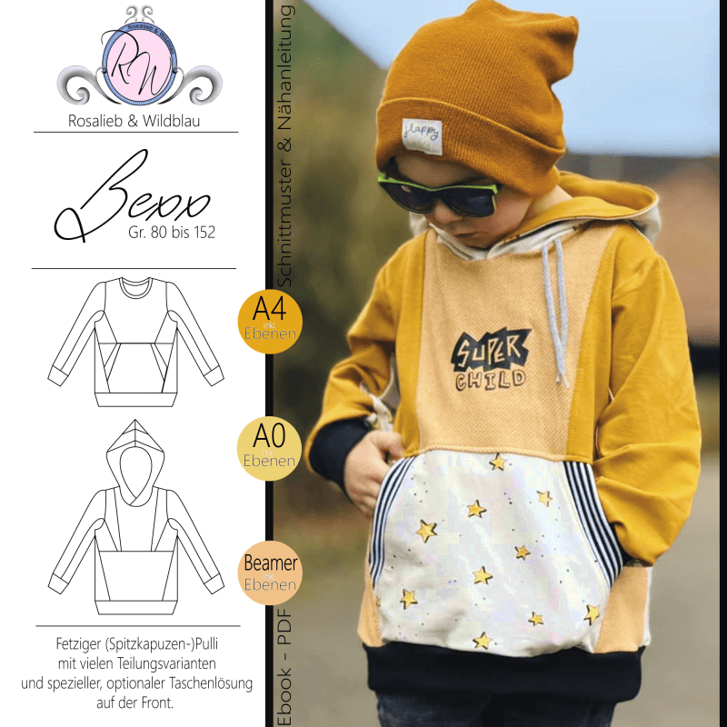 Schnittmuster Pullover Hoodie Bexx Gr. 80 bis 152 - Sewando