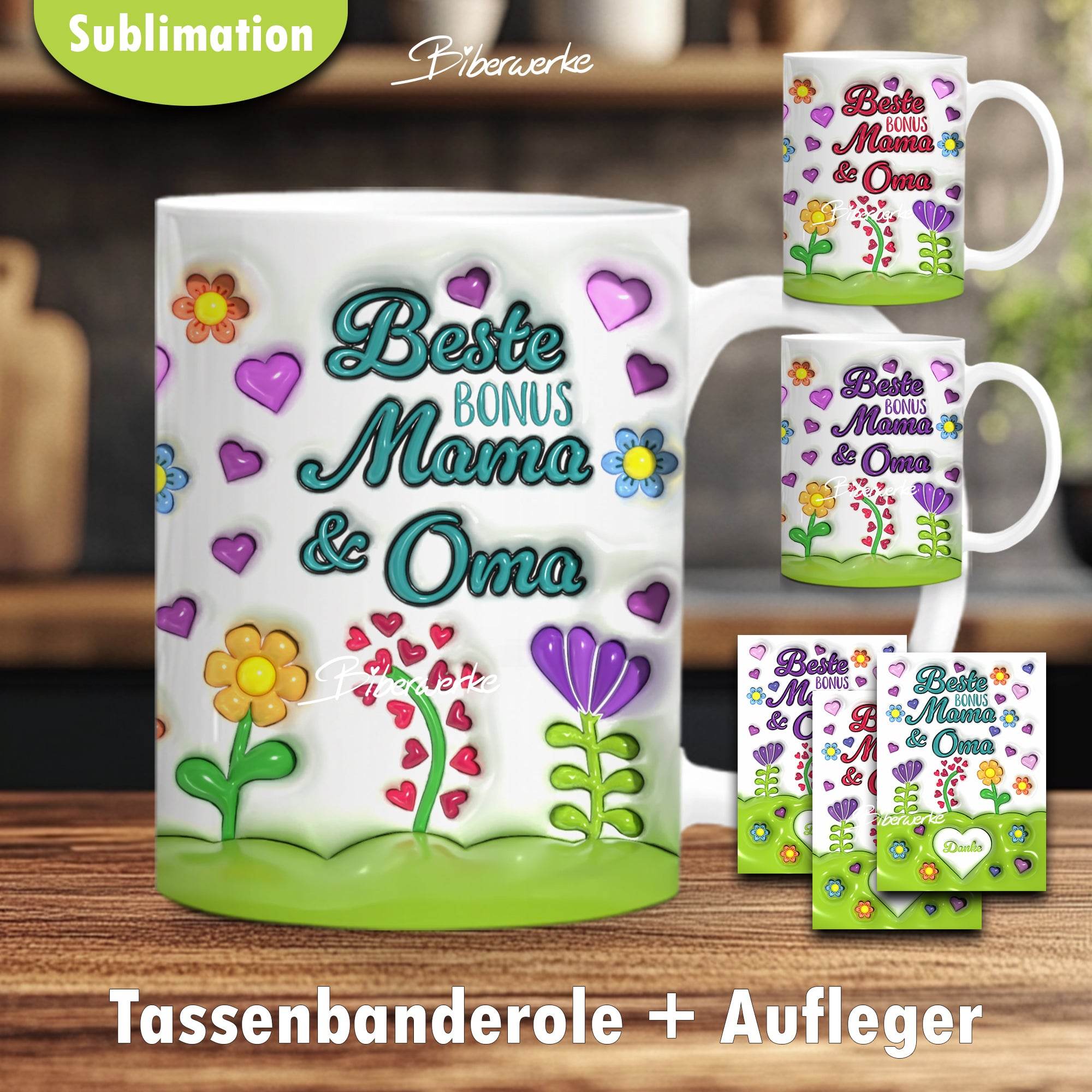 Tassenbanderole Beste Bonus Mama & Oma | Sublimation | Tassenvorlage für 350ml 11oz Tasse - Sewando