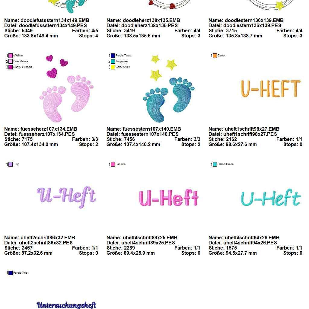 Stickdatei Set U-Heft Hüllen Blanko-Doodle-Rahmen und Babyfüße - Sewando