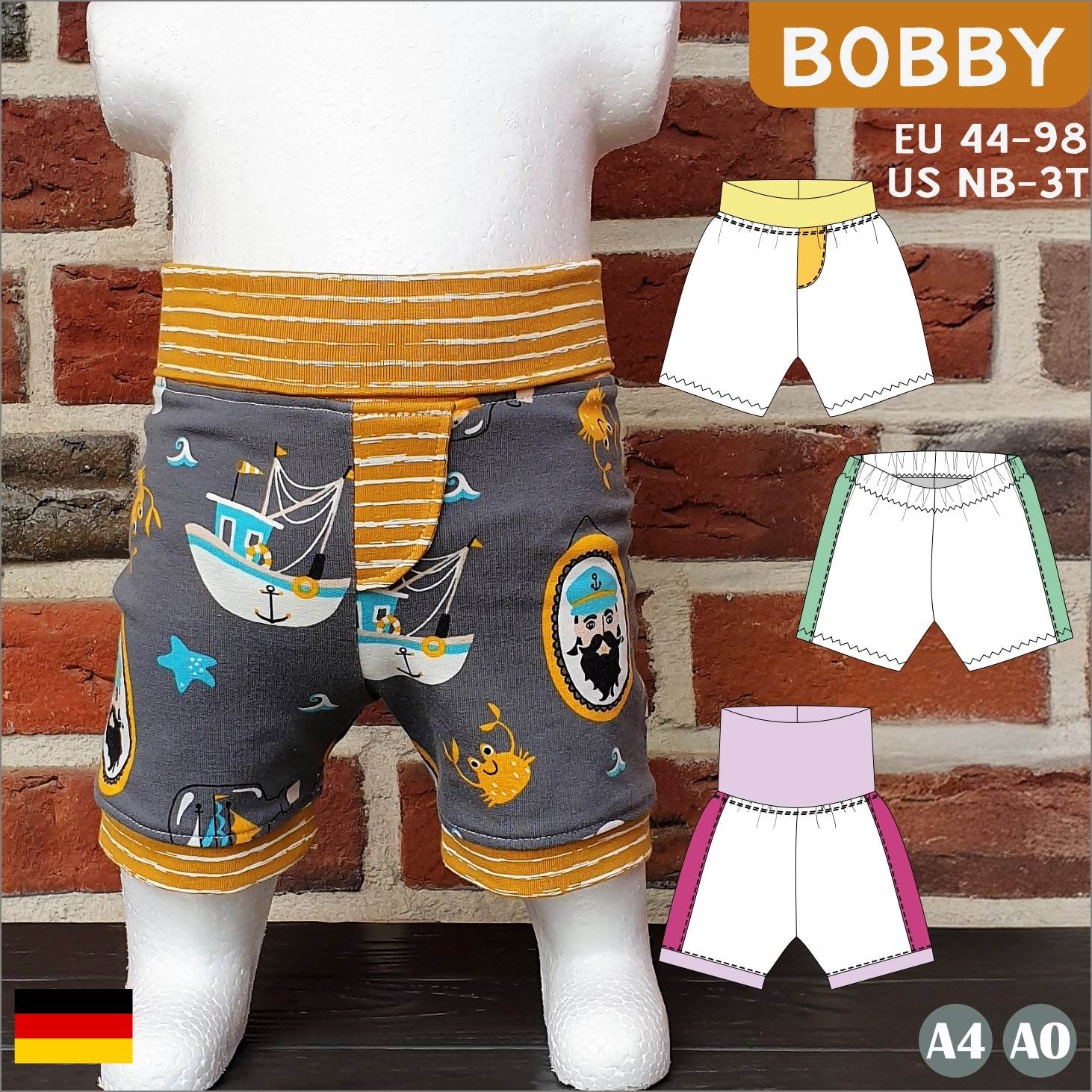 Bobby – Knieumspielende Babyshorts / Sommerhose Gr. 44-98 - Sewando