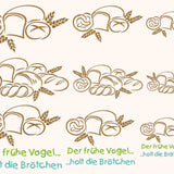 9x Stickdatei Brotzeit Satinstick Backwaren mit Text - Sewando