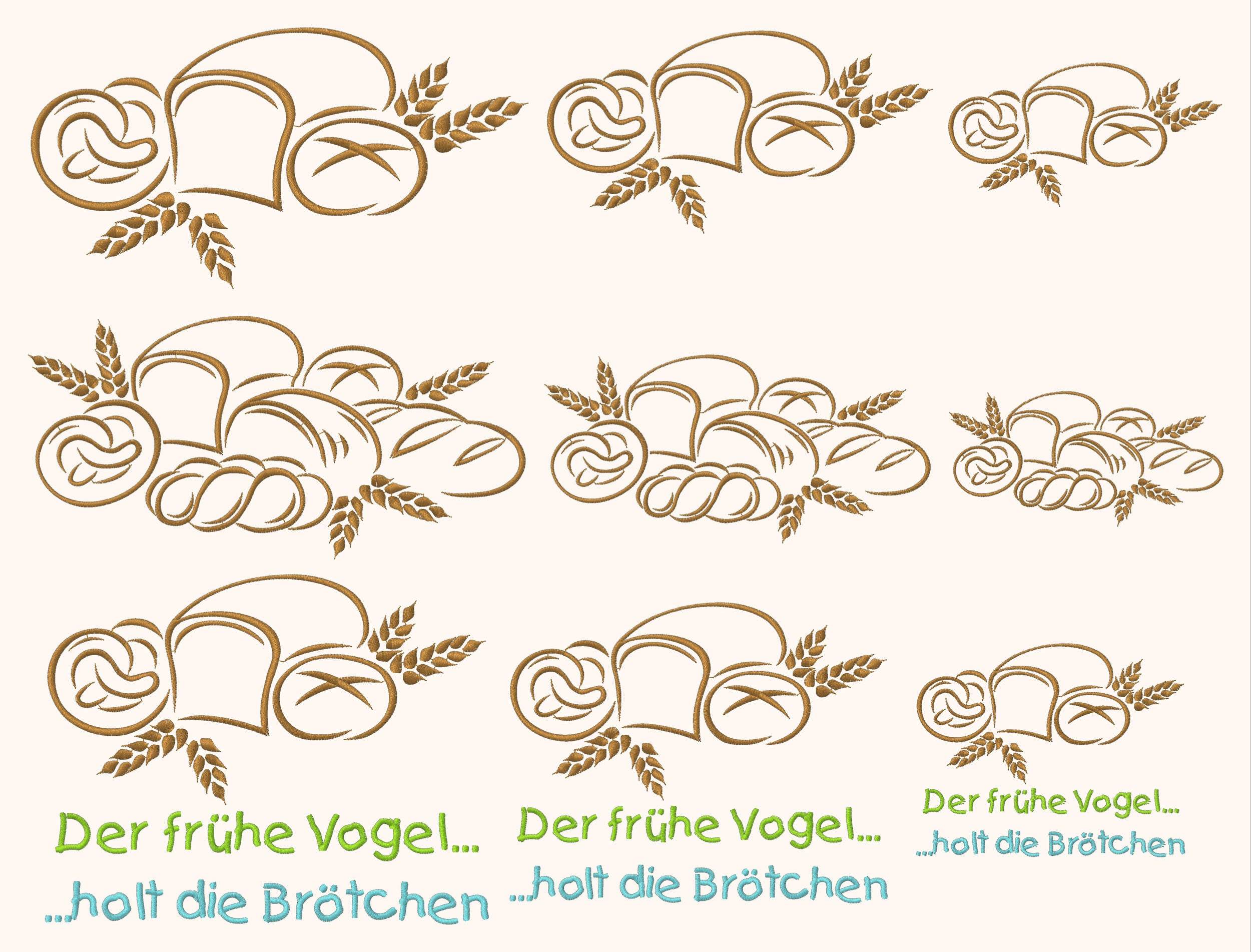 9x Stickdatei Brotzeit Satinstick Backwaren mit Text - Sewando