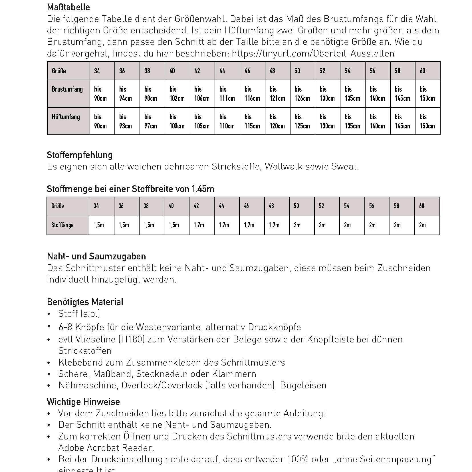 Schnittmuster Oversize Pullunder, Weste BRUNA (34-60) : - Sewando