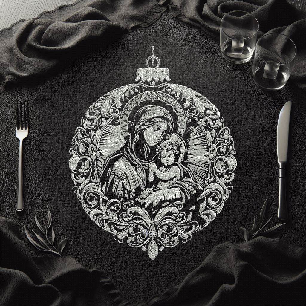 Stickdatei Christbaumkugel Maria & Jesus - realistisch - FÜR DUNKLE STOFFE - Sewando