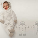 Baby Nähmuster Digitaler Download Hooded Strampler Design Säuglingskleidung Nähprojekt PDF Format Komplette Anleitung Zwei Stilvarianten Neugeborenen bis Kleinkind Größen Moderne Baby Kleidung Design Einfacher Nähplan Professionelles Schnittmuster Layout