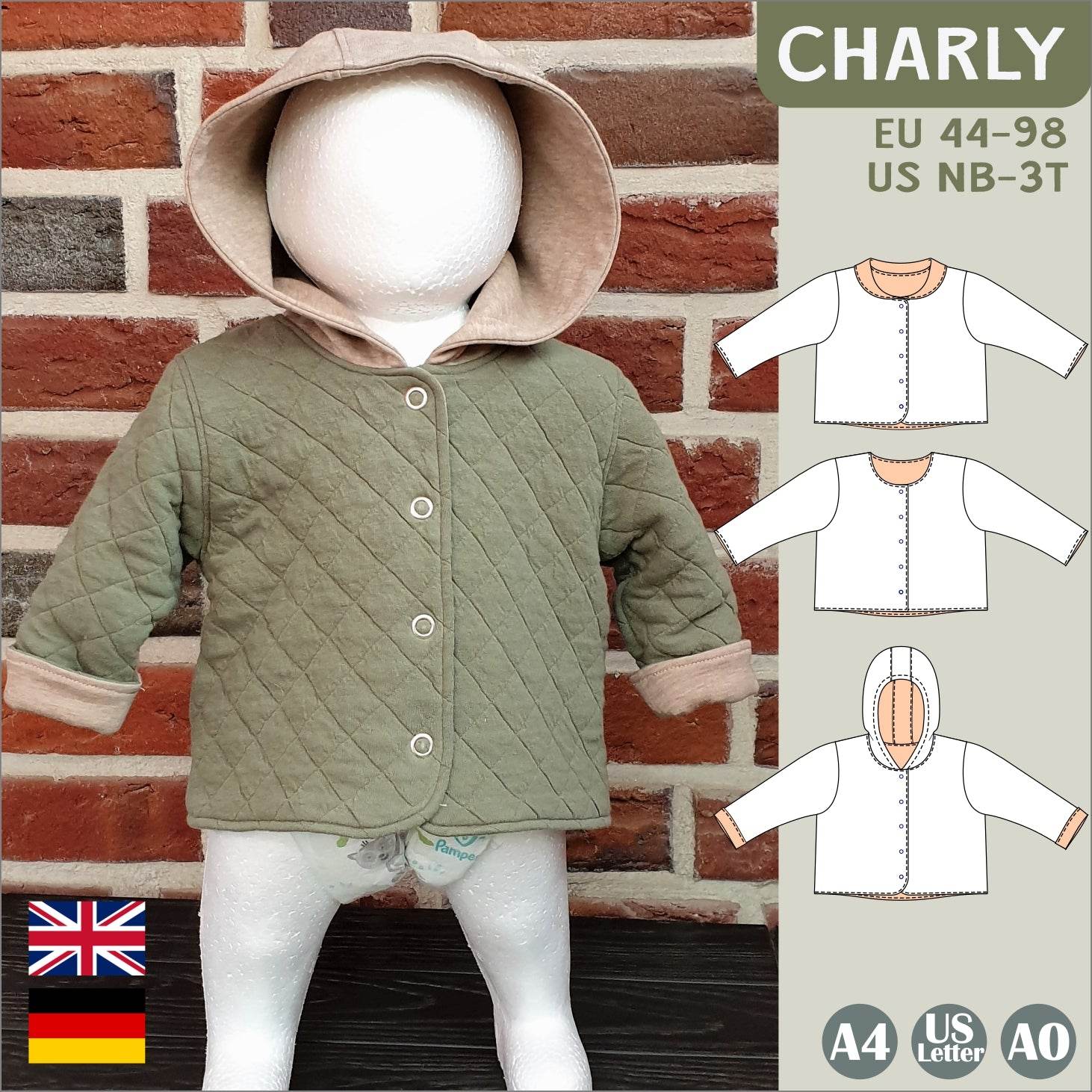 Charly – Babyjacke mit Kapuze, Kragen oder Rundhalsausschnitt Gr. 44-98 - Sewando