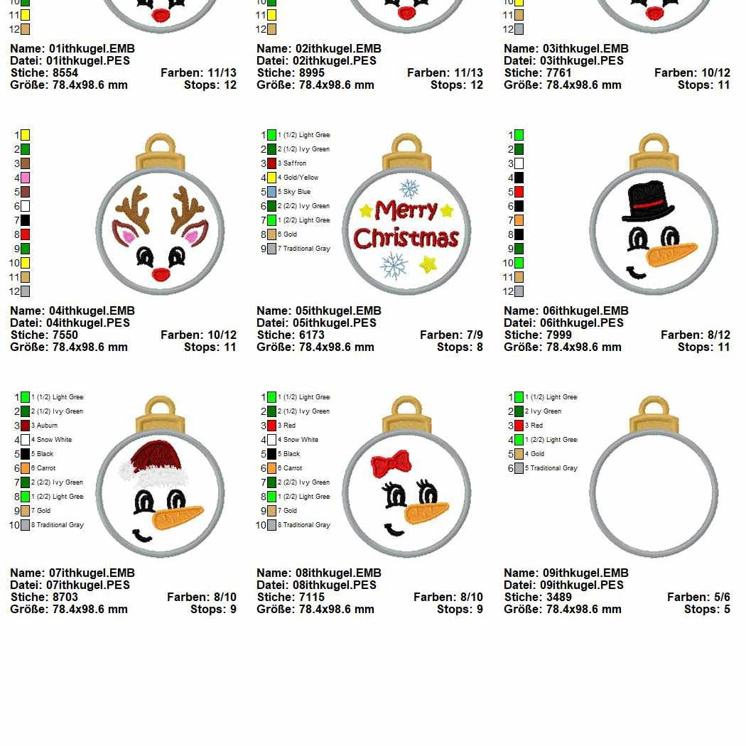 Stickdatei Set ITH Christbaumkugeln Rentier & Schneemann 10x10cm - Sewando