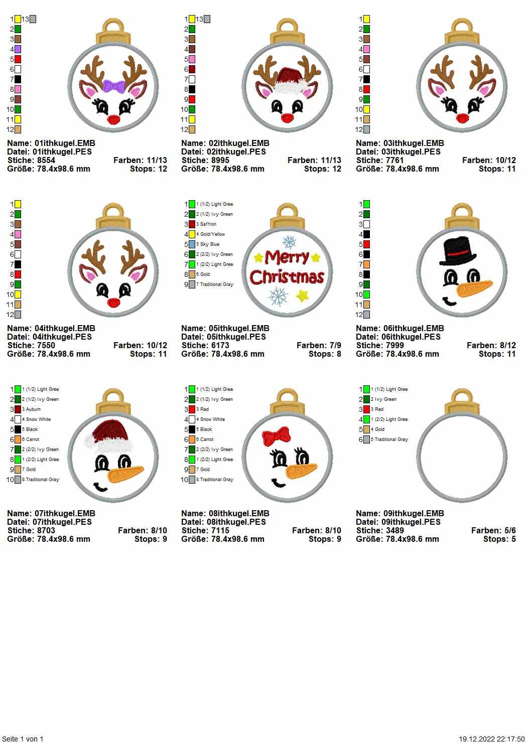 Stickdatei Set ITH Christbaumkugeln Rentier & Schneemann 10x10cm - Sewando