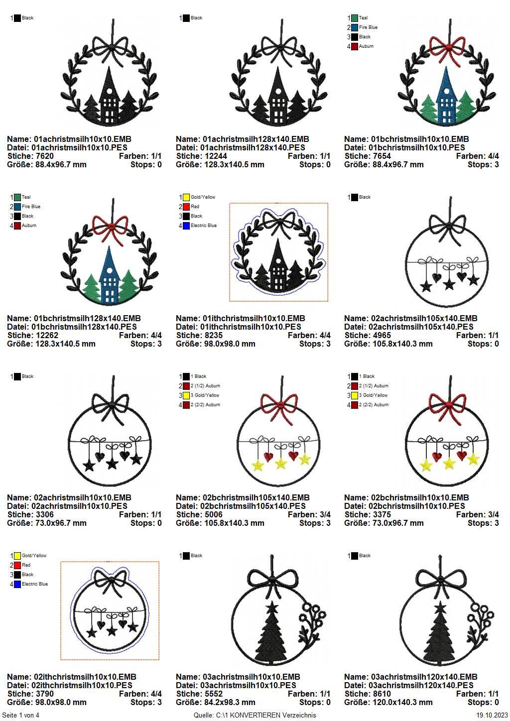 Stickdatei Set weihnachtliche Sillhouetten Scherenschnitt mit Schriftzügen + ITH Anhänger - Sewando