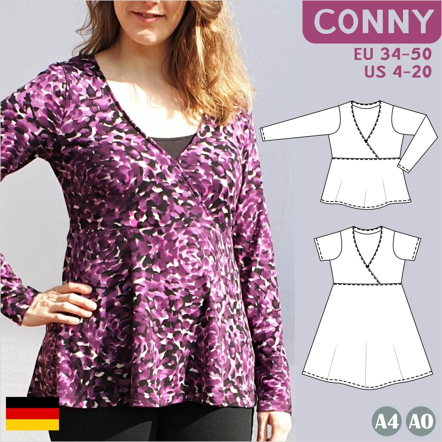 Schnittmuster Conny – Wickelkleid & Wickelshirt mit hoher Taille Gr. 34-50 / BU 80-116 - Sewando