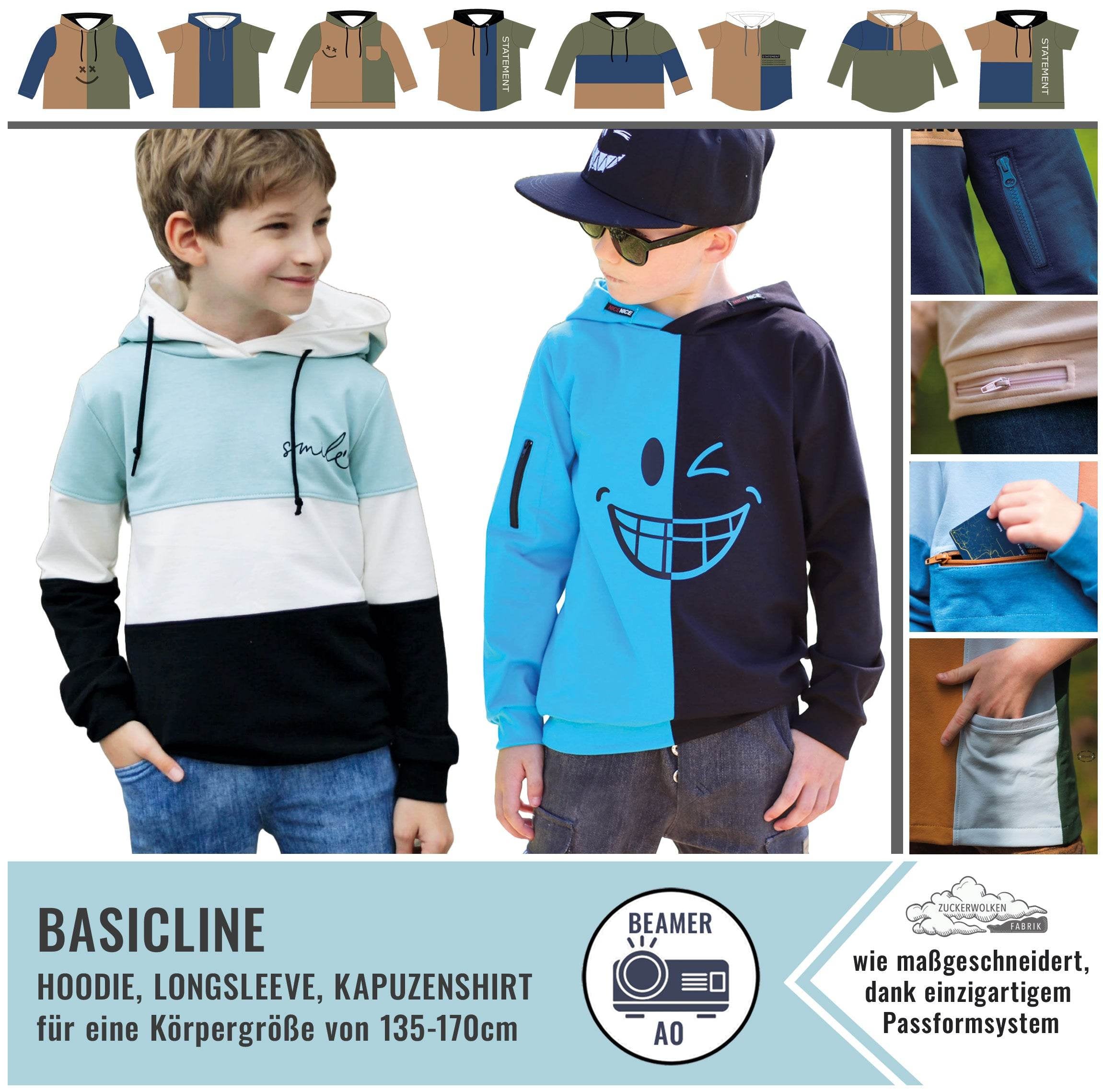 SORGLOS-SYSTEM Basicline Hoodie 135-170cm KG Kapuzenshirt Beamer-Ebook & DIN A0 BESONDERES PASSFORMSYSTEM - Sewando