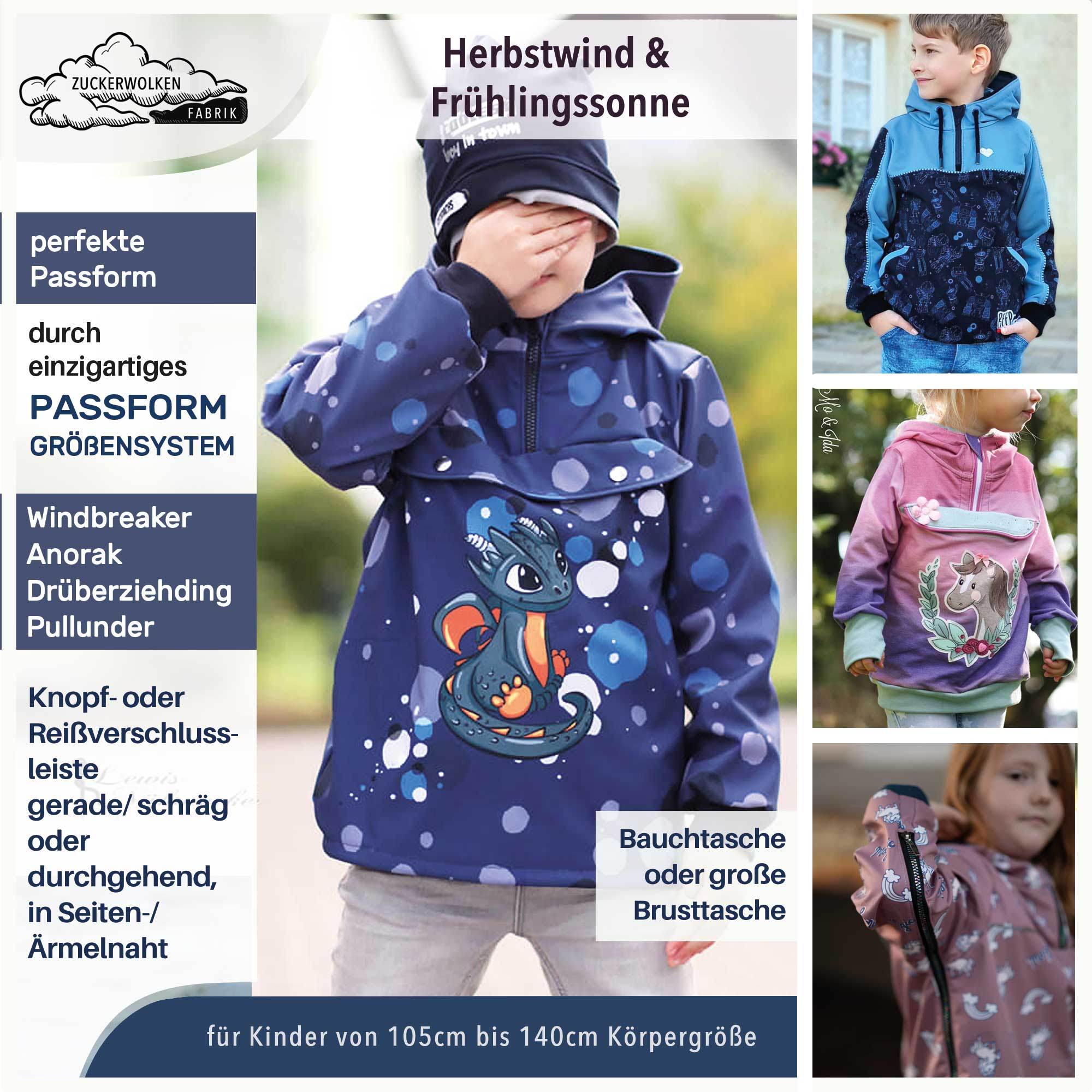 Big Herbstwind & Frühlingssonne Anorak, Windbreaker, Drüberzieh-Hoodie für 105cm-140cm Körpergröße - Sewando