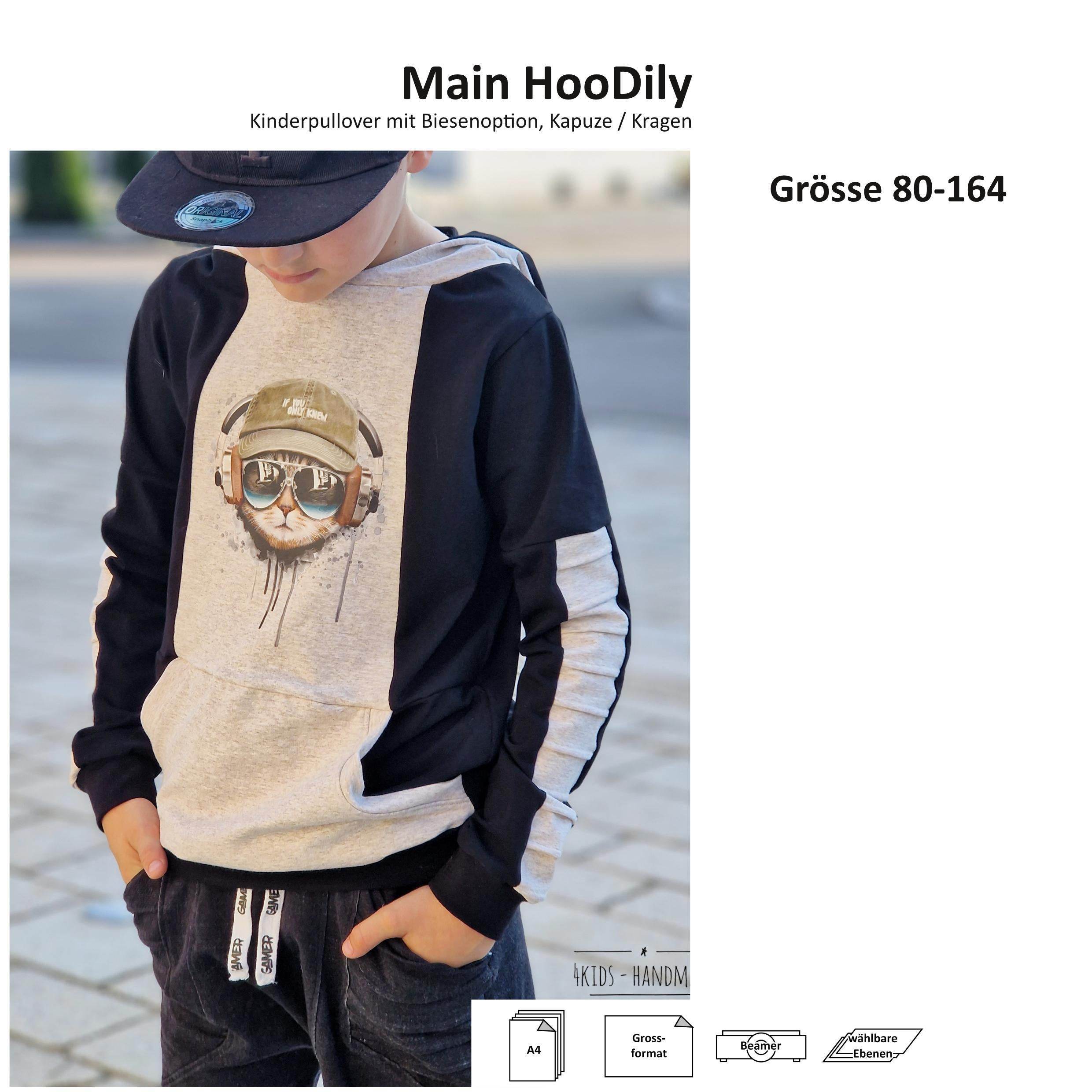 Schnittmuster Main HooDily - Kinderpullover mit Biesen, Bauchtaschenoption & Kapuze/Kragen - 80-164 - Sewando