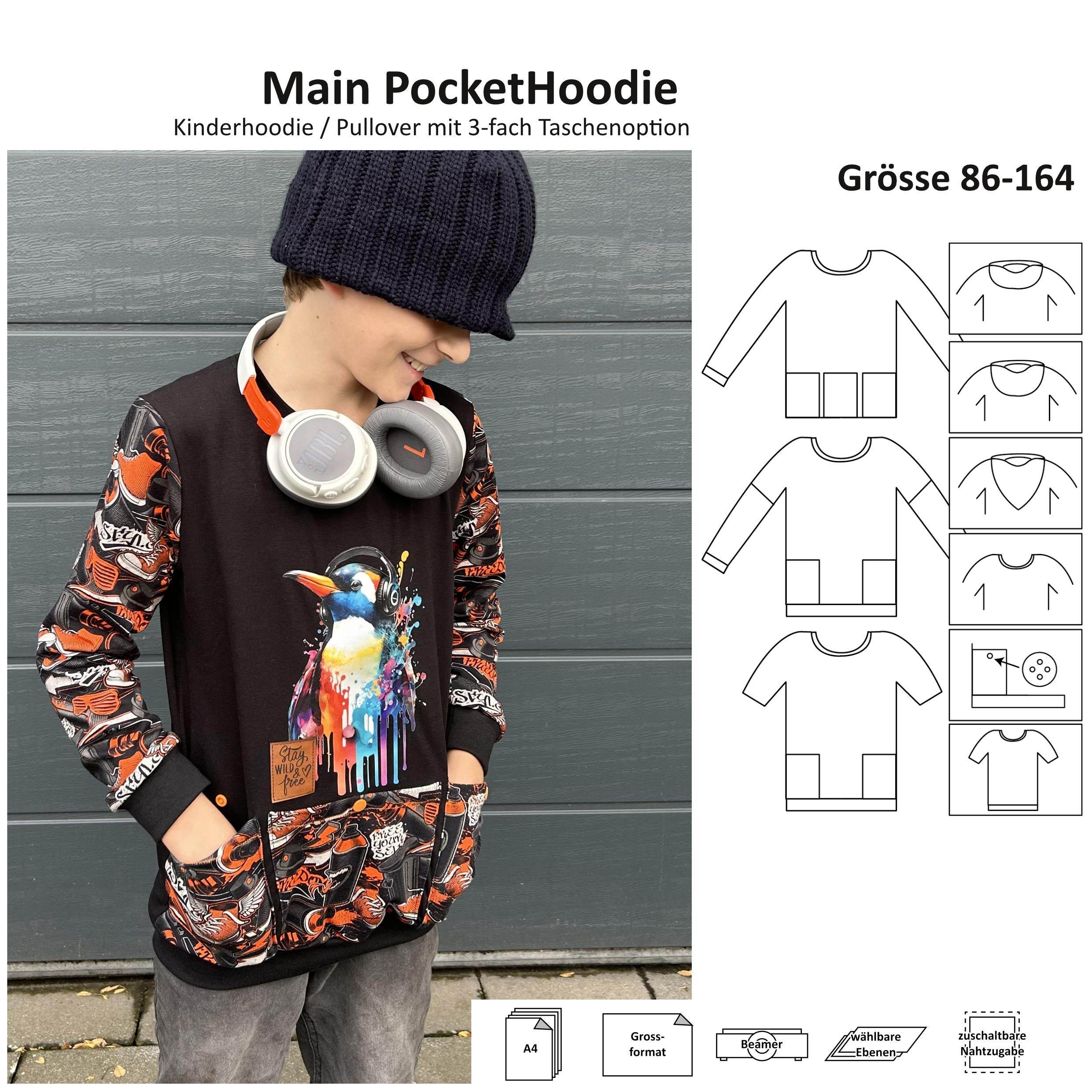 Schnittmuster Main PocketHoodie - Langarm / Kurzarm Kapuzenshirt - Gr.86-164 - Sewando