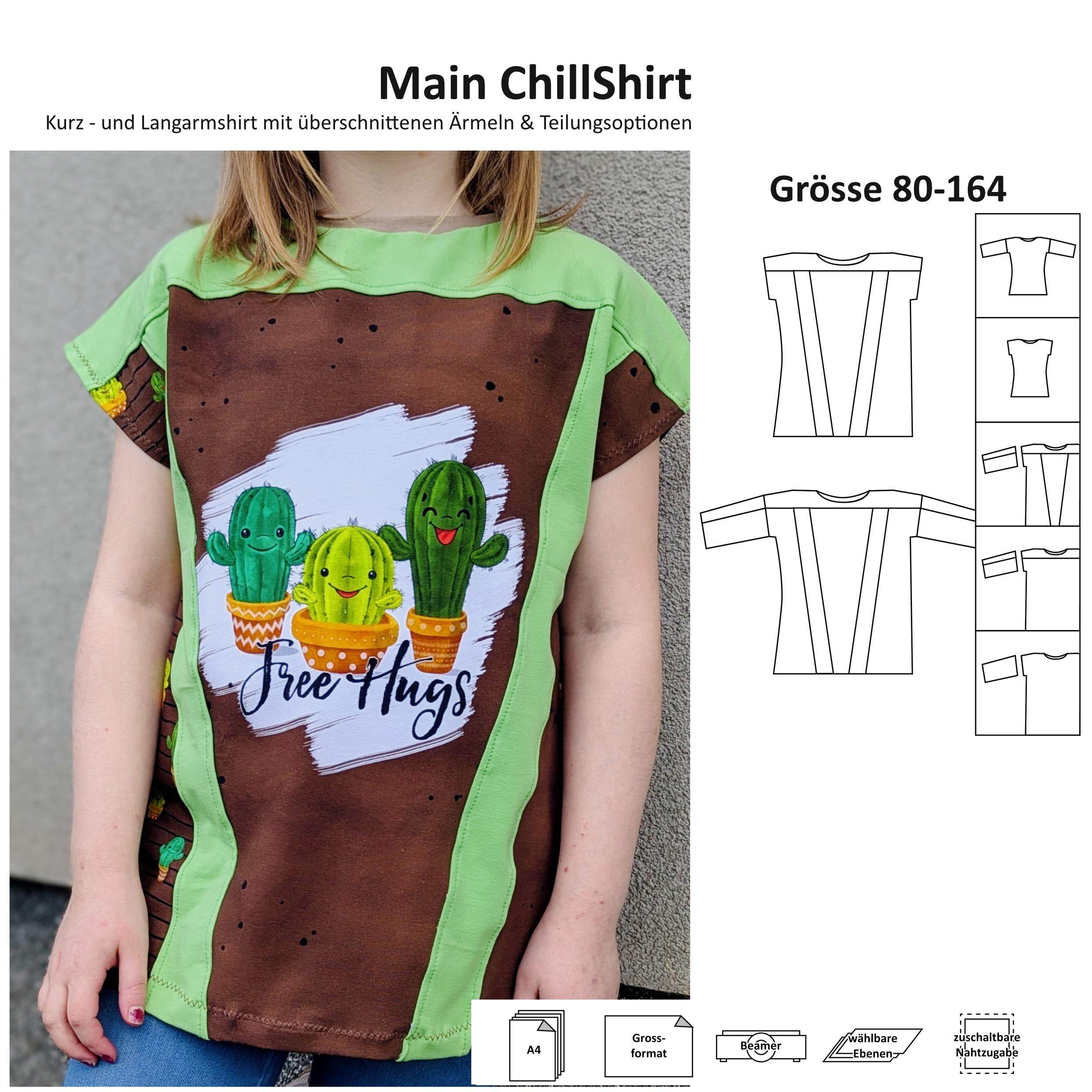 Schnittmuster Main ChillShirt - Langarm/Kurzarm Shirt mit überschnittenen Ärmeln & Teilungen - 80-164 - Sewando