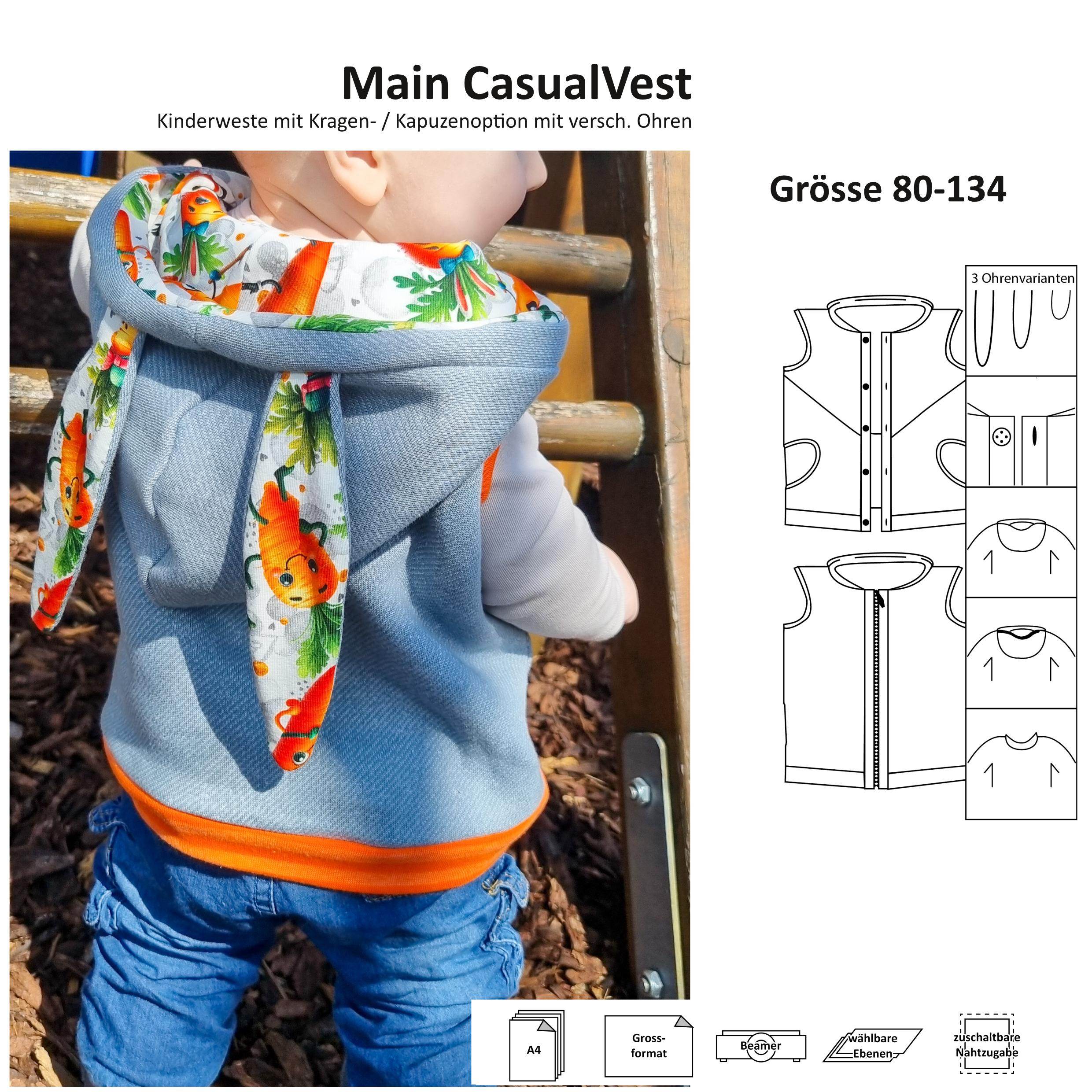 Main CasualVest - Kinderweste mit Kragen / Kapuze und Ohrenoption - Gr. 68-134 - Sewando
