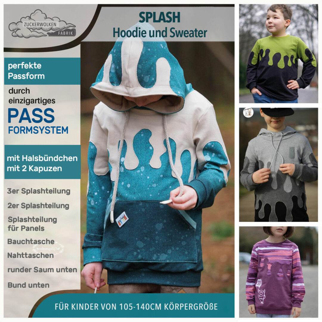 PASST GARANTIE SPLASH Sweater/ Hoodie Gr. 74-140 mit 2 Kapuzen & Halsbündchen - DIN A0 für Beamer geeignet - Sewando