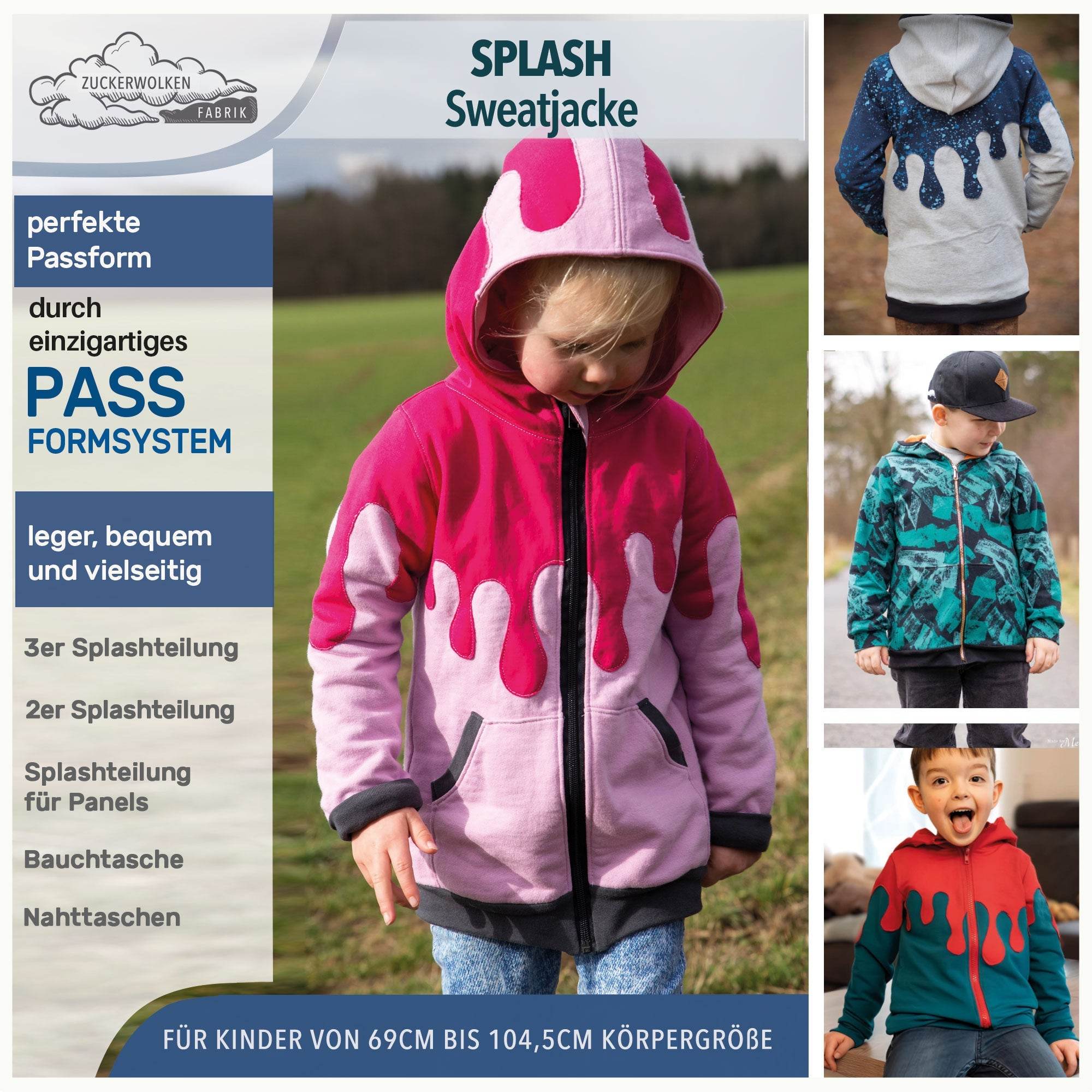 DIN A4 SPLASH Sweatjacke für 69cm-104cm Körpergröße PASSFORMGARANTIE - Sewando