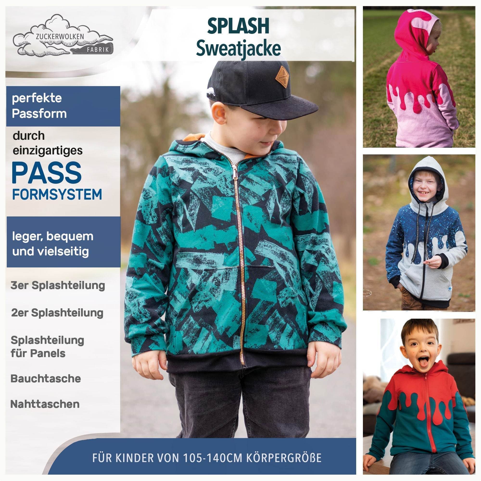DIN A4 SPLASH Sweatjacke für 105cm-140cm Körpergröße PASSFORMGARANTIE - Sewando