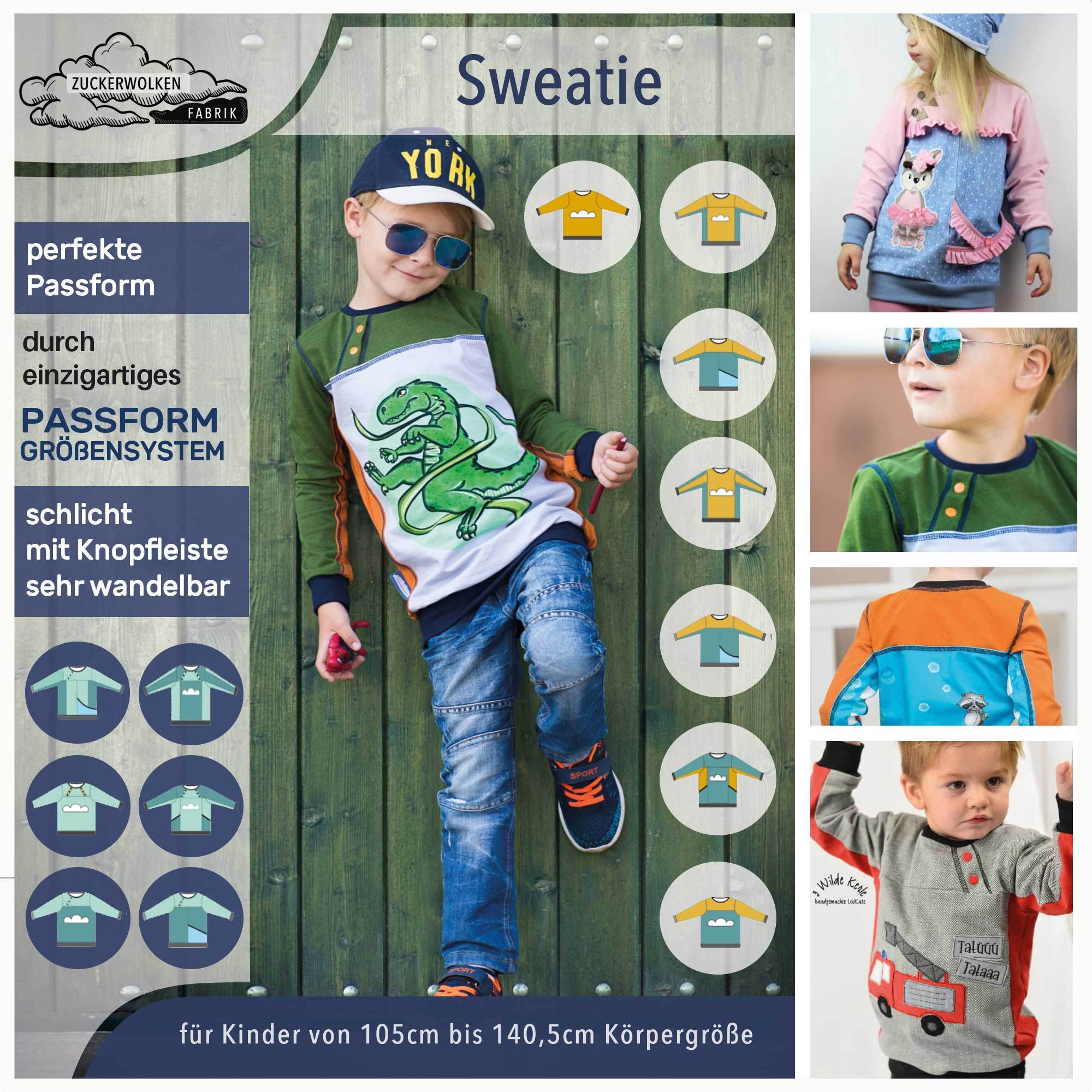 Big Sweatie mit coolen Teilungen und Taschen für 105cm-140cm Körpergröße - Sewando
